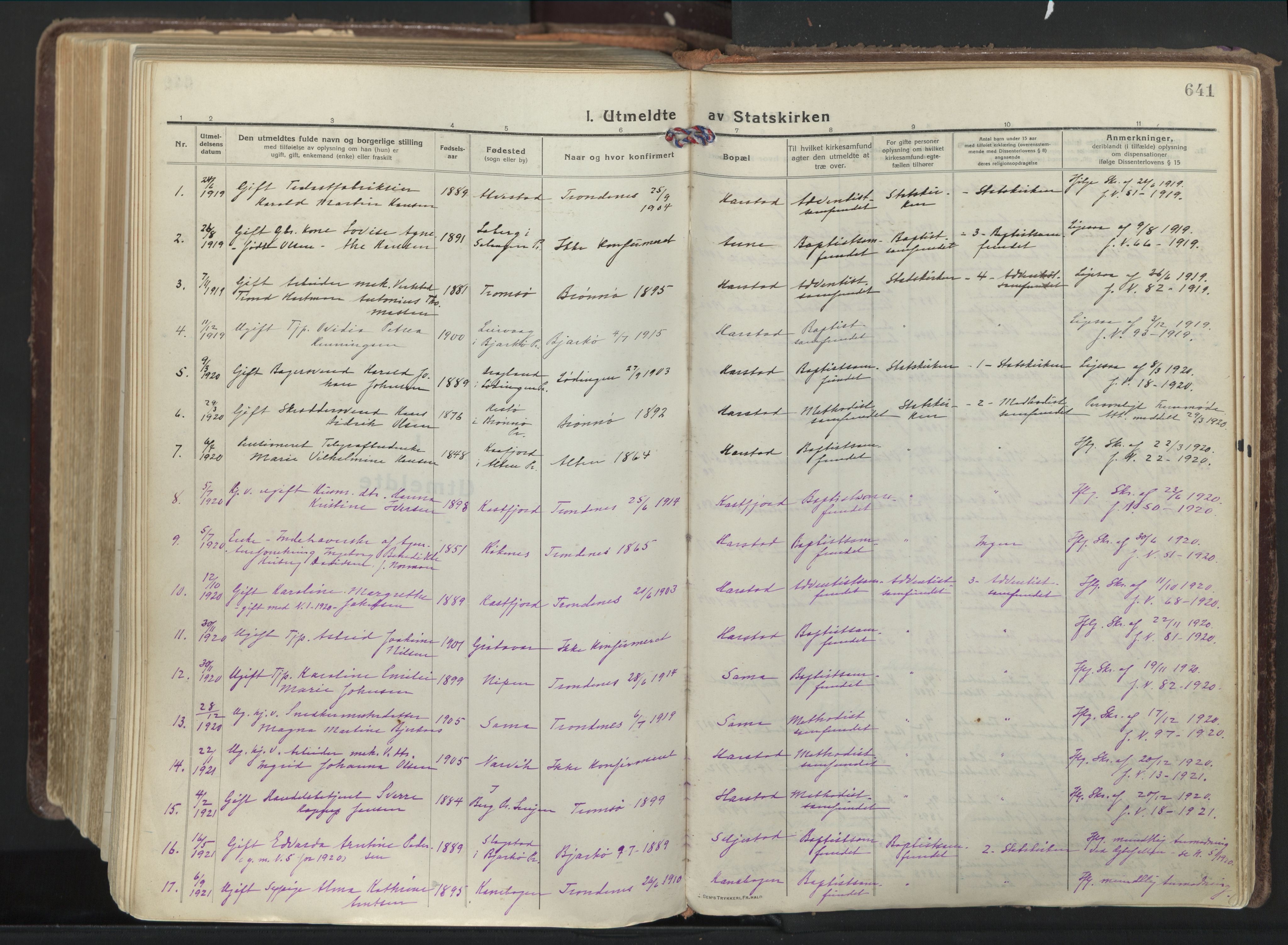 Trondenes sokneprestkontor, AV/SATØ-S-1319/H/Ha/L0019kirke: Ministerialbok nr. 19, 1919-1928, s. 641