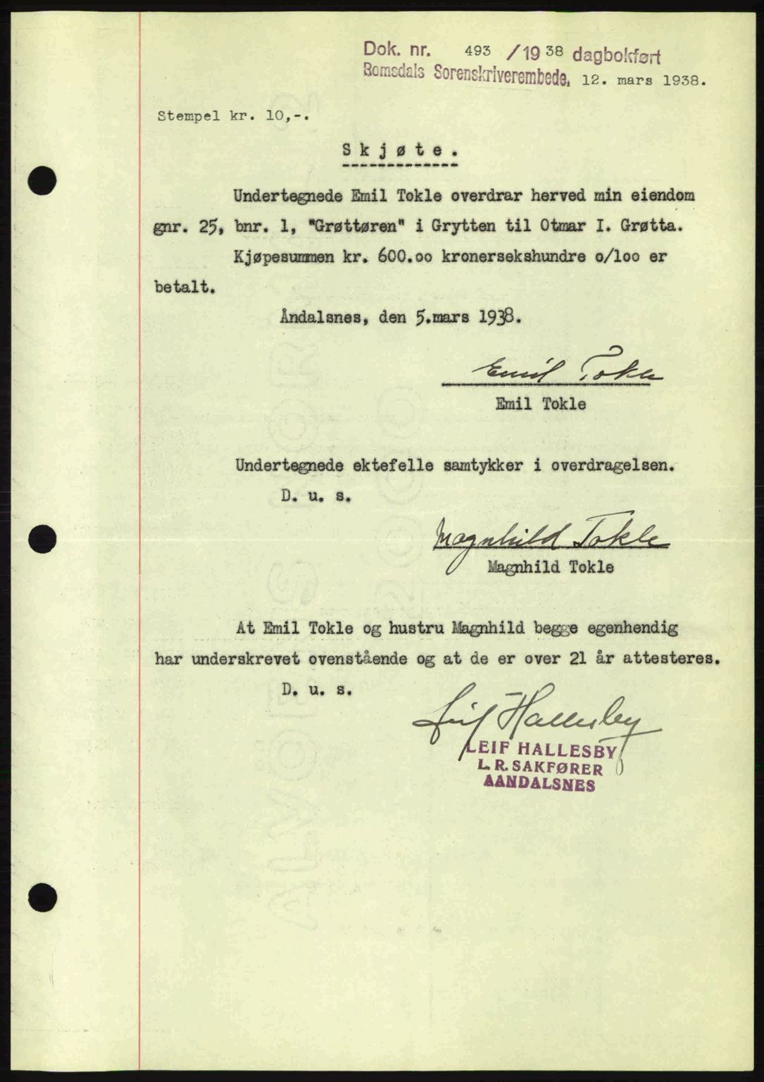 Romsdal sorenskriveri, SAT/A-4149/1/2/2C: Pantebok nr. A4, 1937-1938, Dagboknr: 493/1938