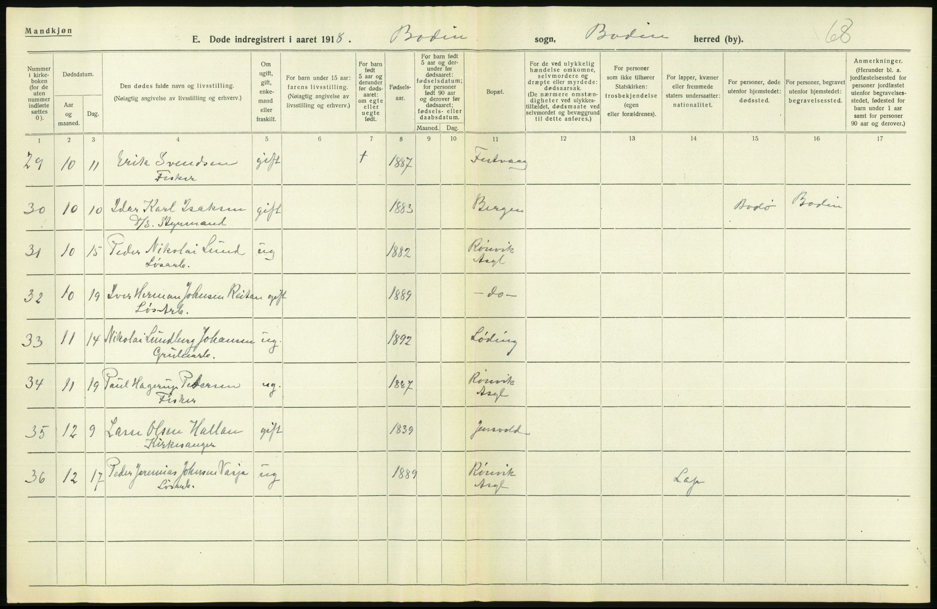 Statistisk sentralbyrå, Sosiodemografiske emner, Befolkning, AV/RA-S-2228/D/Df/Dfb/Dfbh/L0055: Nordland fylke: Døde. Bygder og byer., 1918, s. 298