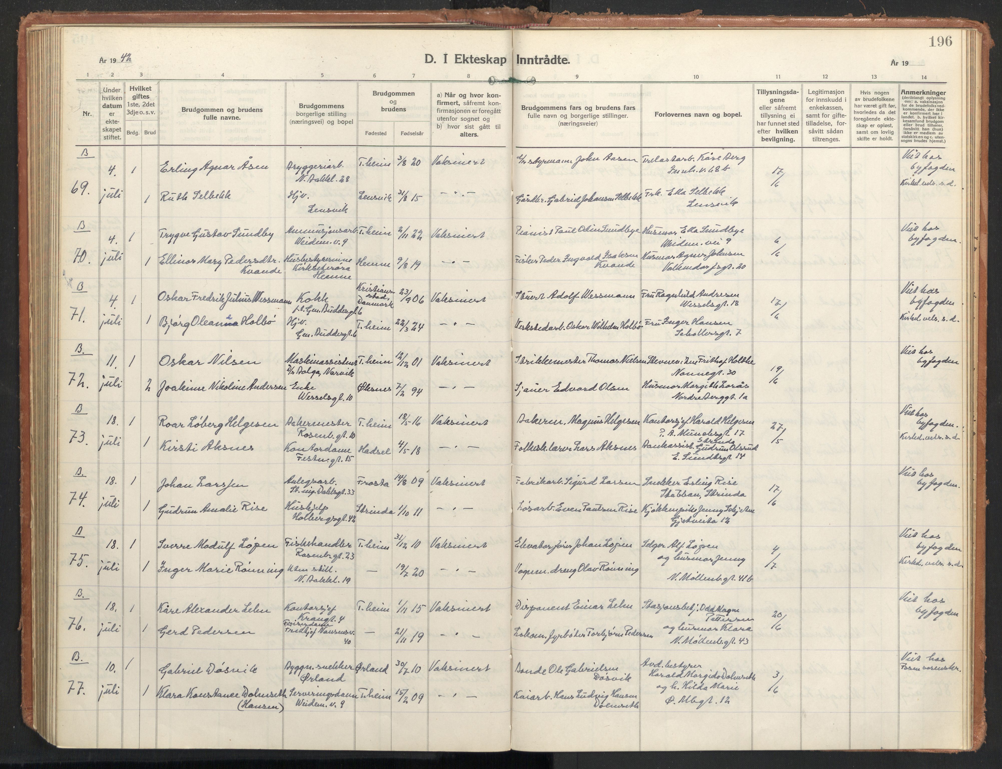 Ministerialprotokoller, klokkerbøker og fødselsregistre - Sør-Trøndelag, SAT/A-1456/604/L0209: Ministerialbok nr. 604A29, 1931-1945, s. 196