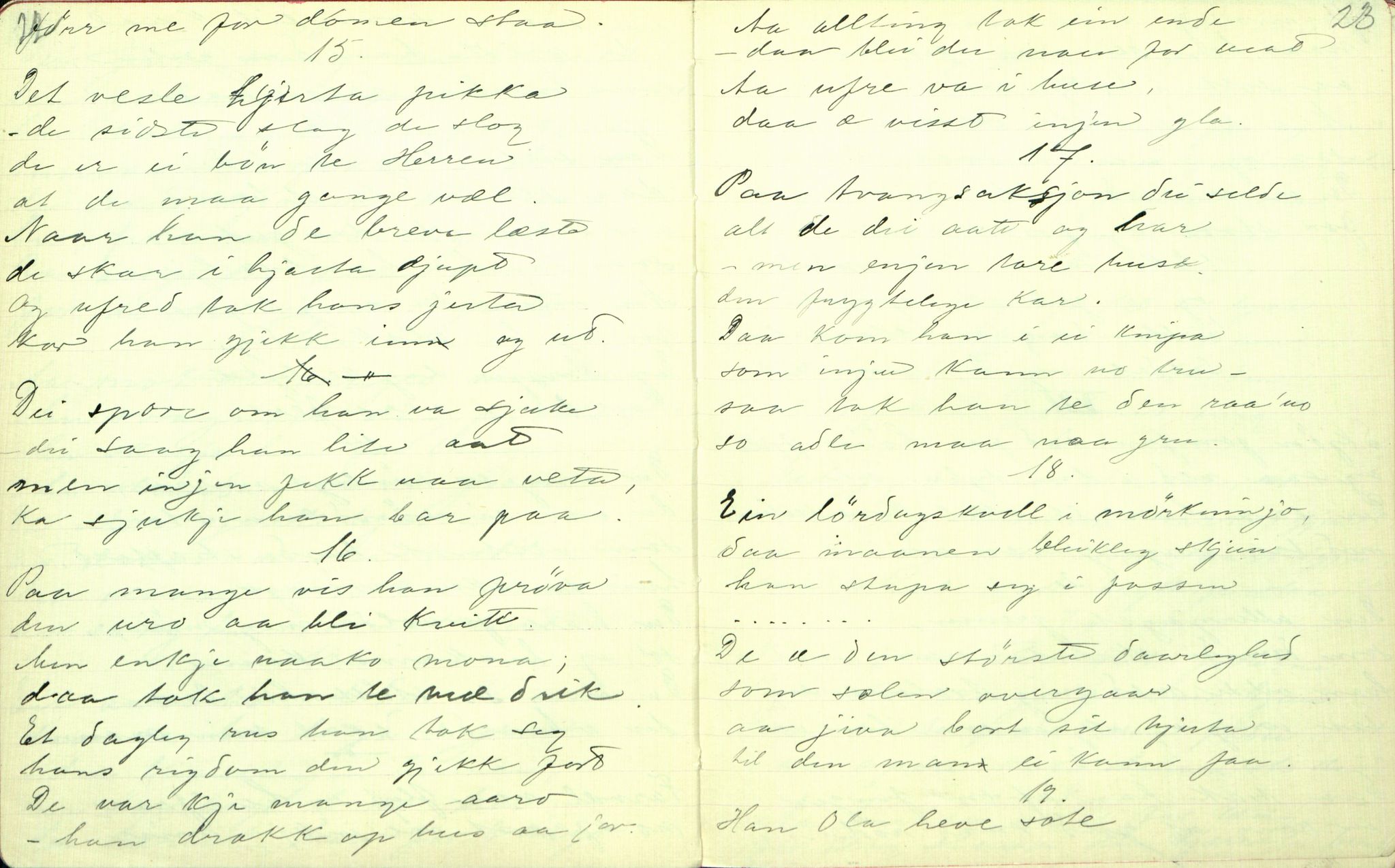 Rikard Berge, TEMU/TGM-A-1003/F/L0001/0022: 001-030 Innholdslister / 18. Plebei-visur (Laagfolkeleg poesi, skilingsdikt), 1902, s. 22-23