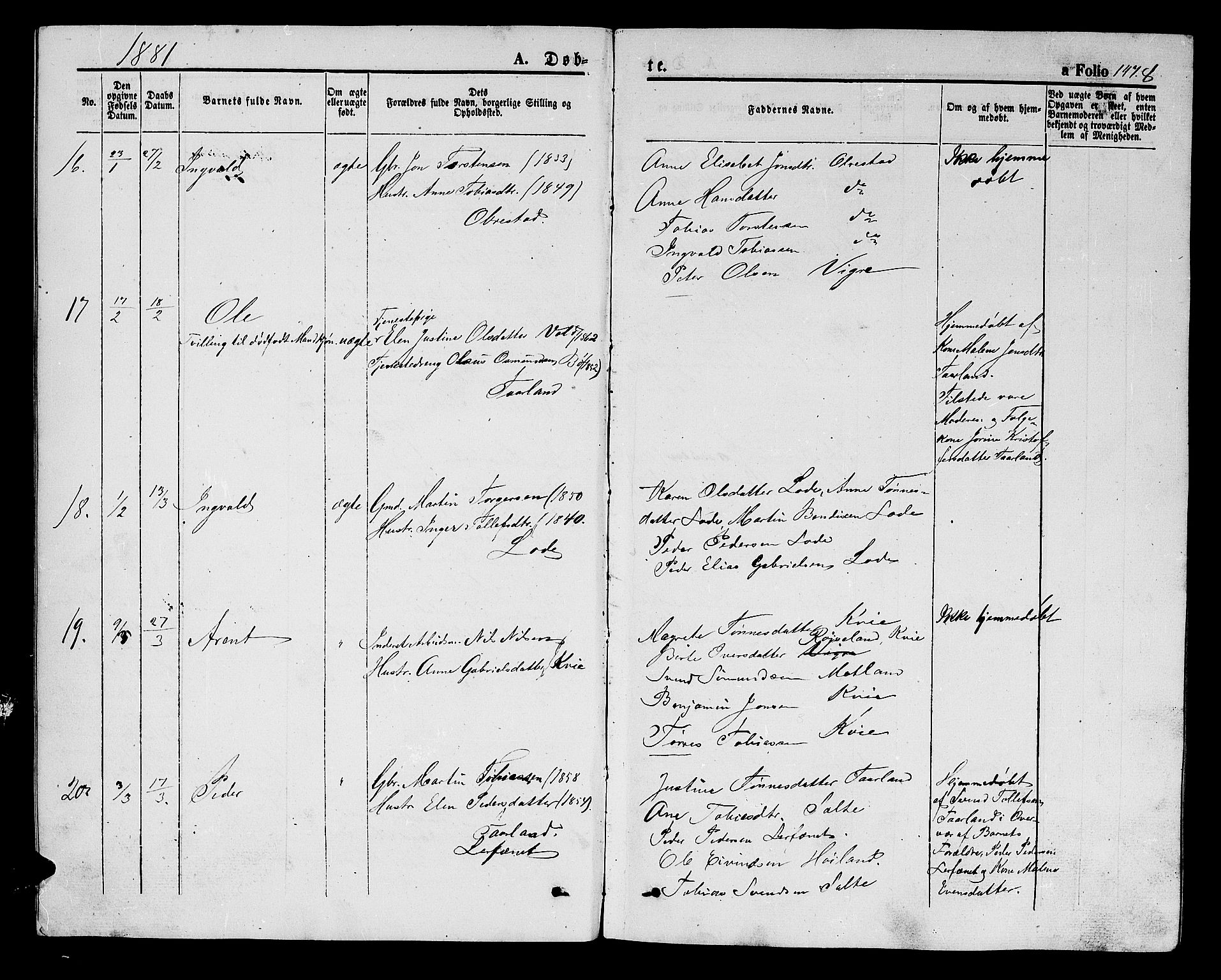 Hå sokneprestkontor, AV/SAST-A-101801/001/30BB/L0001: Klokkerbok nr. B 1, 1854-1883, s. 147