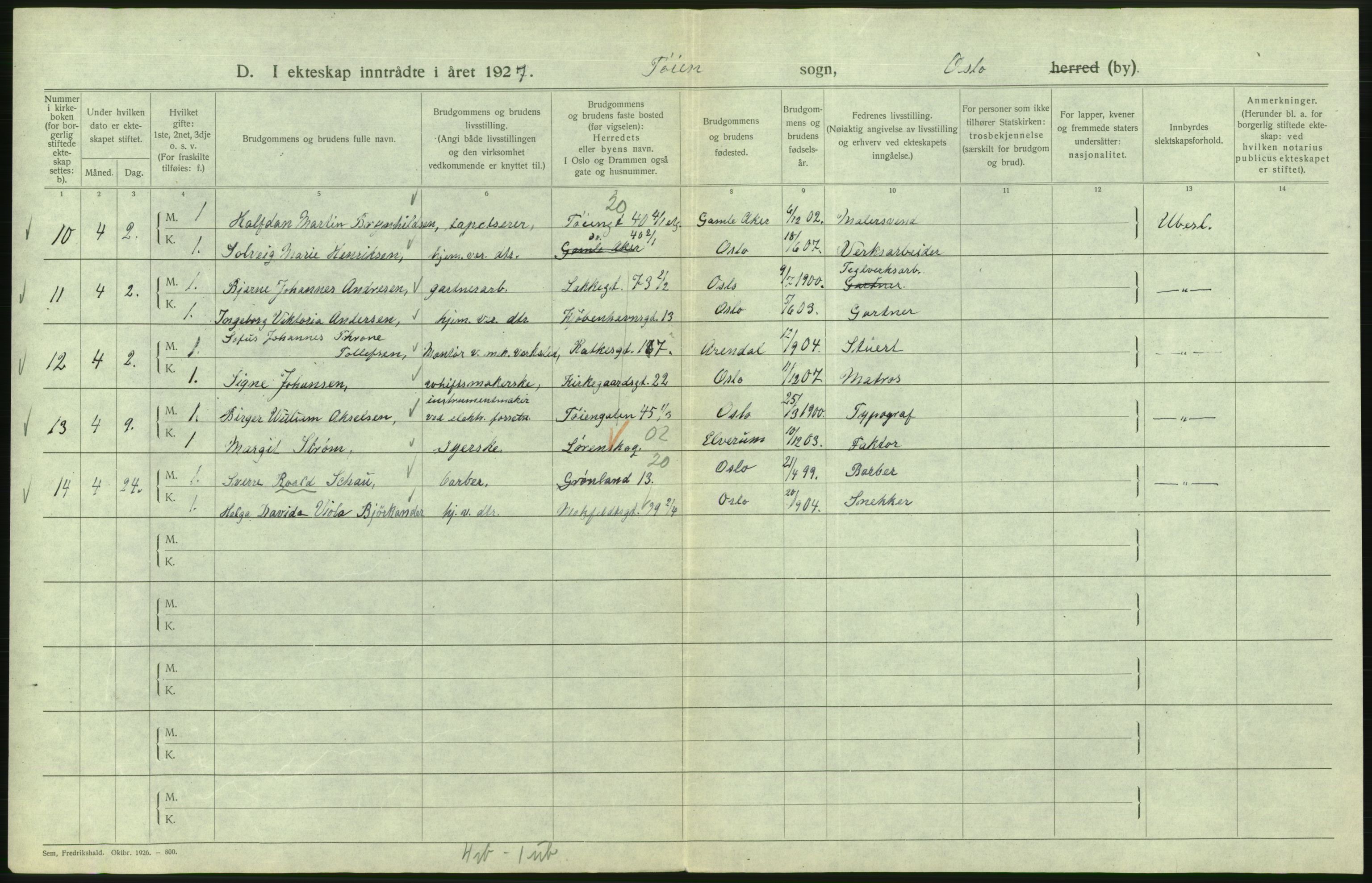 Statistisk sentralbyrå, Sosiodemografiske emner, Befolkning, AV/RA-S-2228/D/Df/Dfc/Dfcg/L0008: Oslo: Gifte, 1927, s. 702