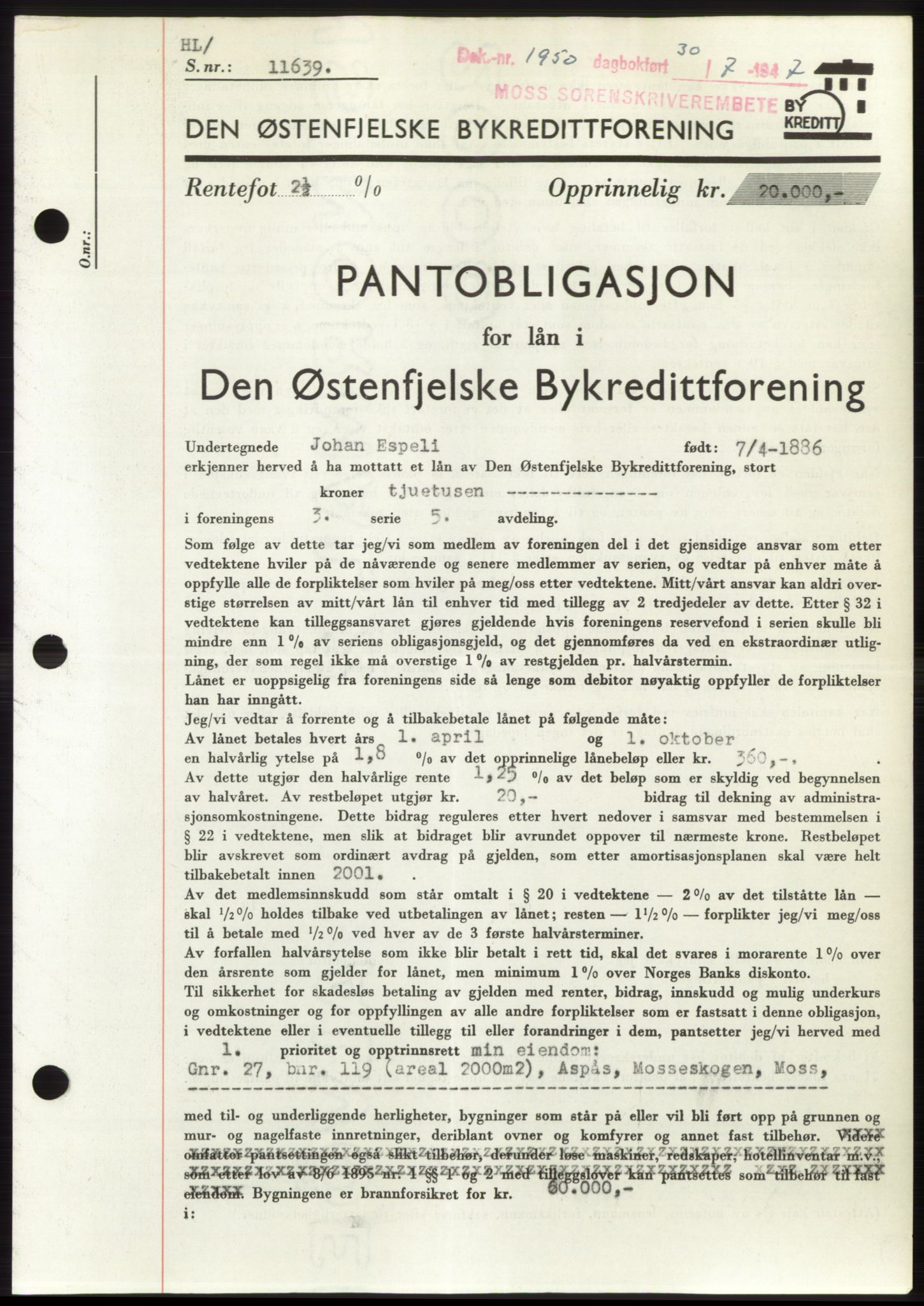 Moss sorenskriveri, SAO/A-10168: Pantebok nr. B17, 1947-1947, Dagboknr: 1950/1947