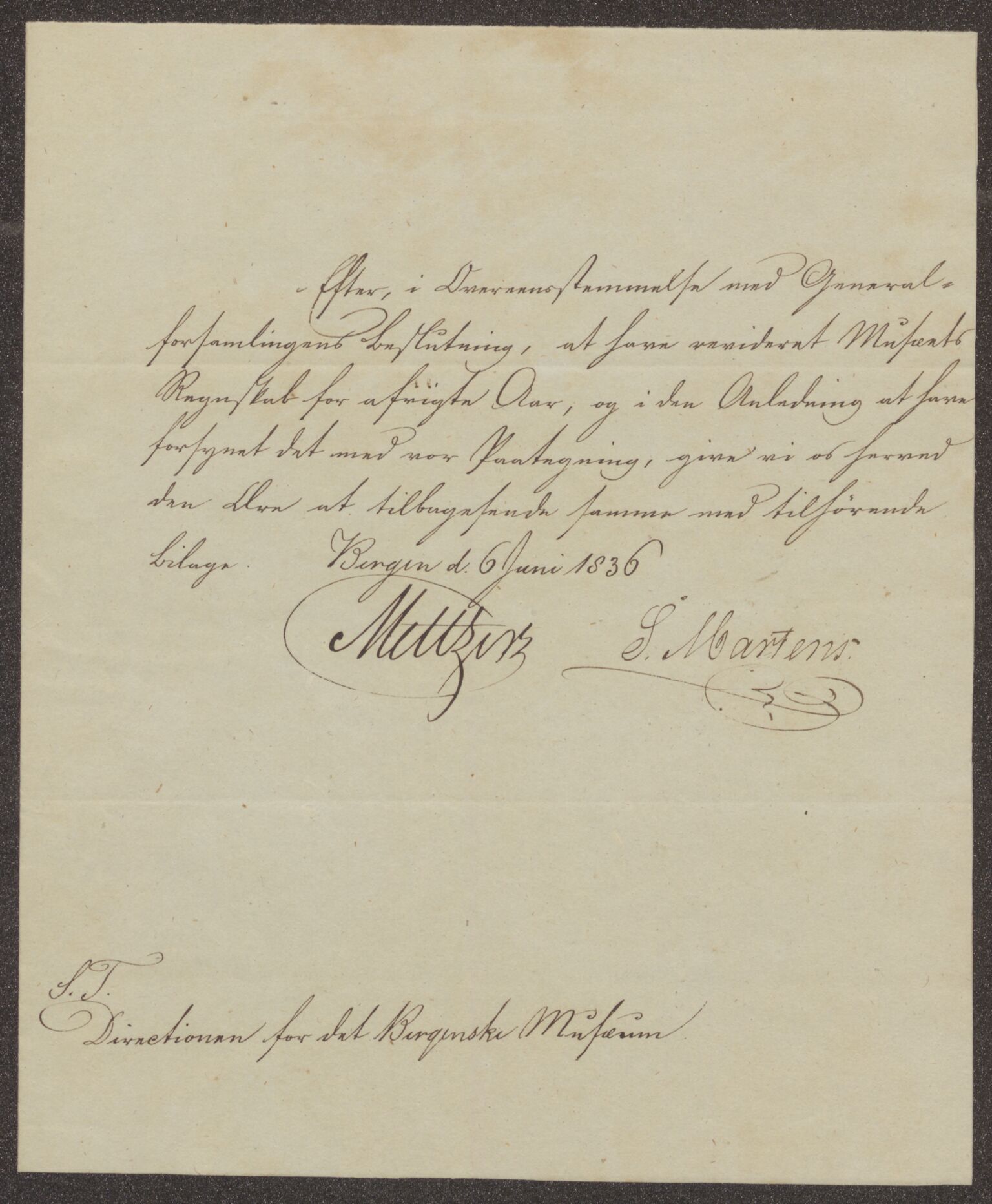 Bergens Museum. Direksjonen/ styret, UMB/A007/D/Da/L0008/0002: Innkommende brev 1836 / Innkommende brev 1836, 1836