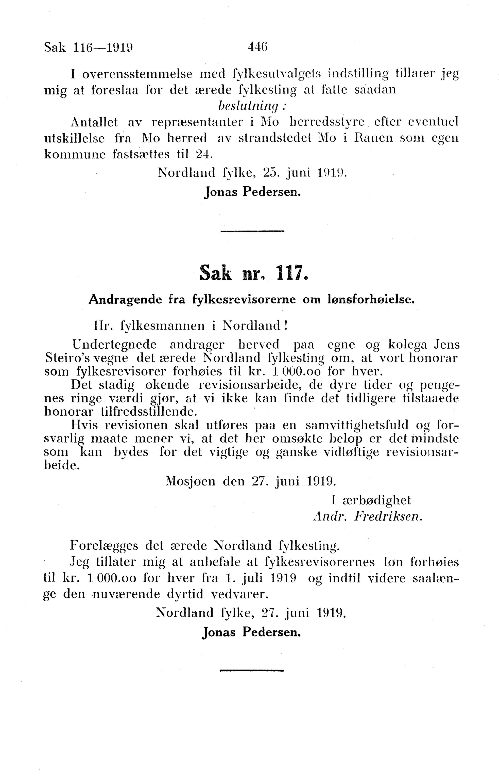 Nordland Fylkeskommune. Fylkestinget, AIN/NFK-17/176/A/Ac/L0042: Fylkestingsforhandlinger 1919, 1919