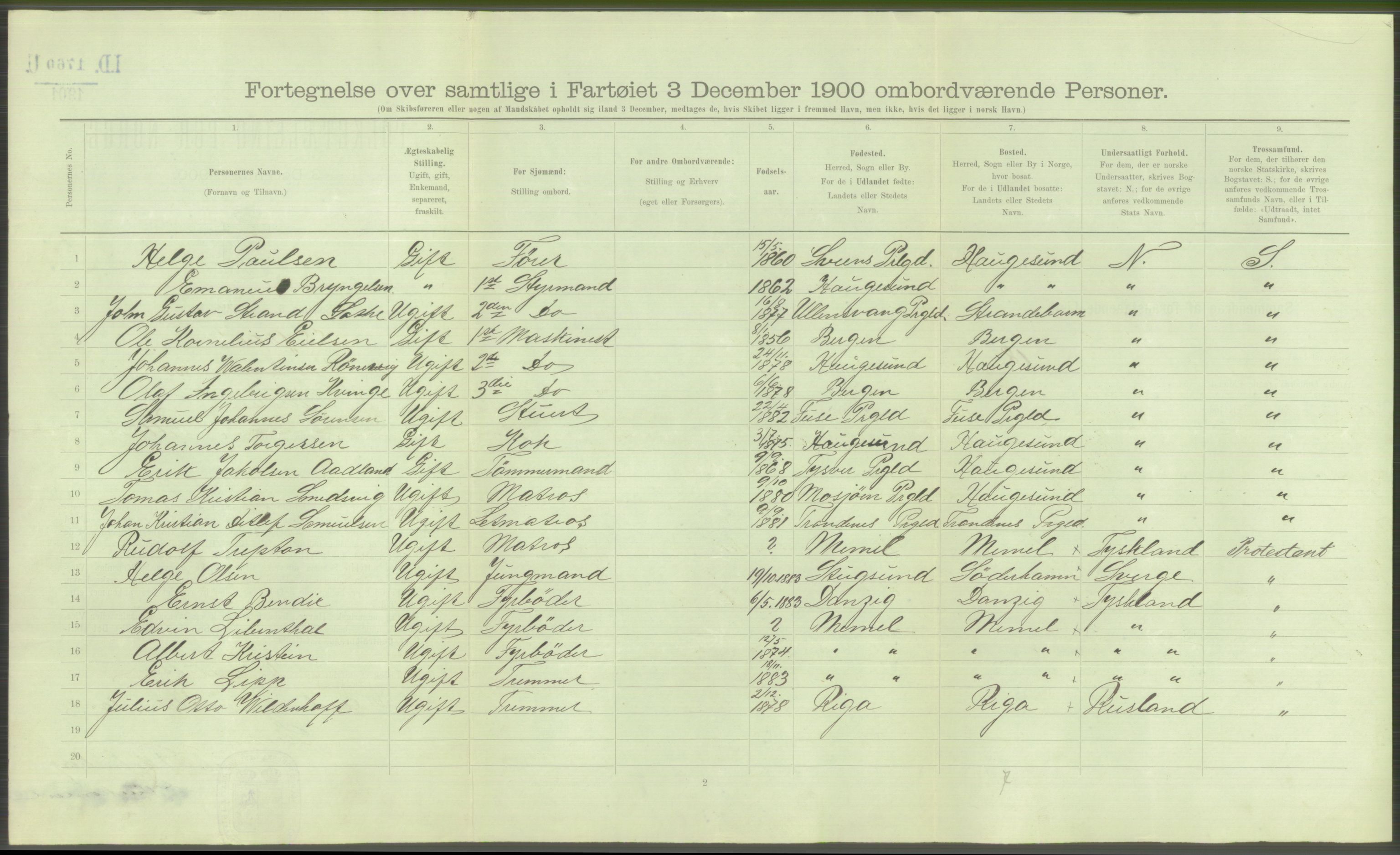 RA, Folketelling 1900 - skipslister med personlister for skip i norske havner, utenlandske havner og til havs, 1900, s. 3694