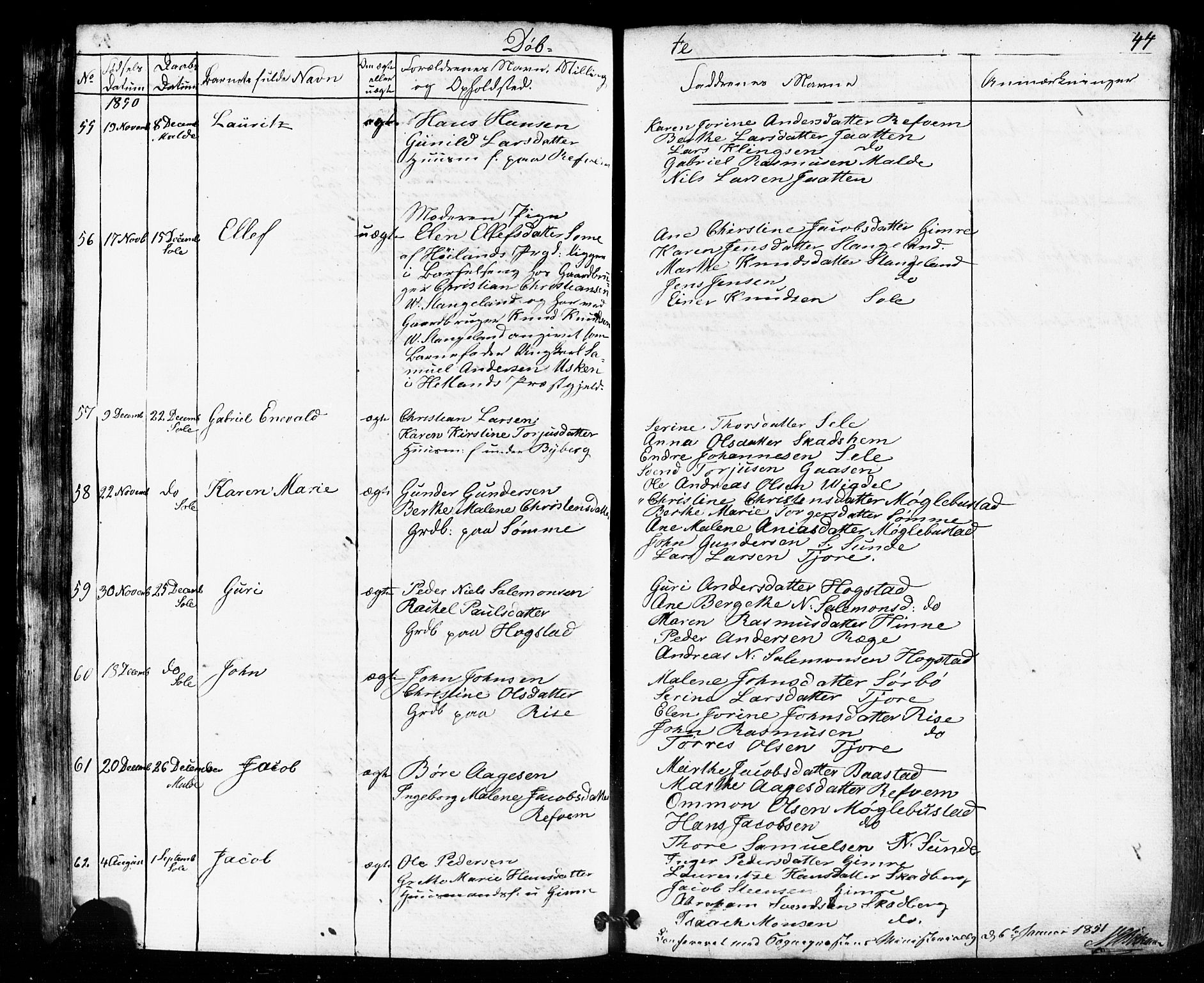 Håland sokneprestkontor, AV/SAST-A-101802/001/30BB/L0002: Klokkerbok nr. B 2, 1845-1872, s. 44