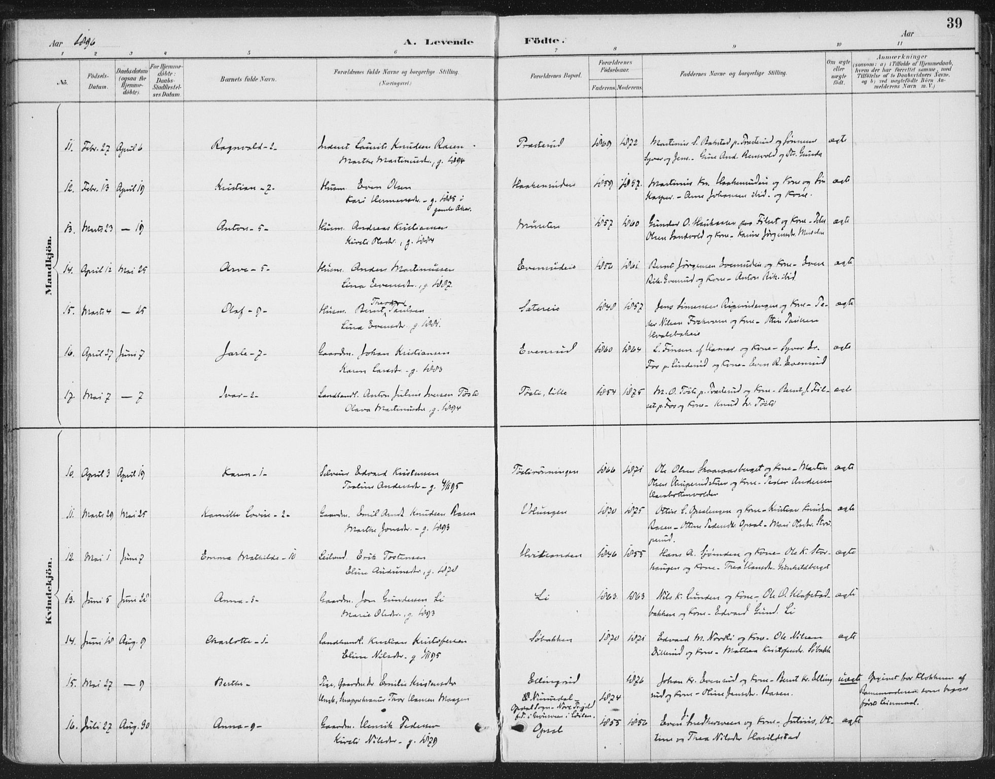 Romedal prestekontor, AV/SAH-PREST-004/K/L0008: Ministerialbok nr. 8, 1887-1905, s. 39