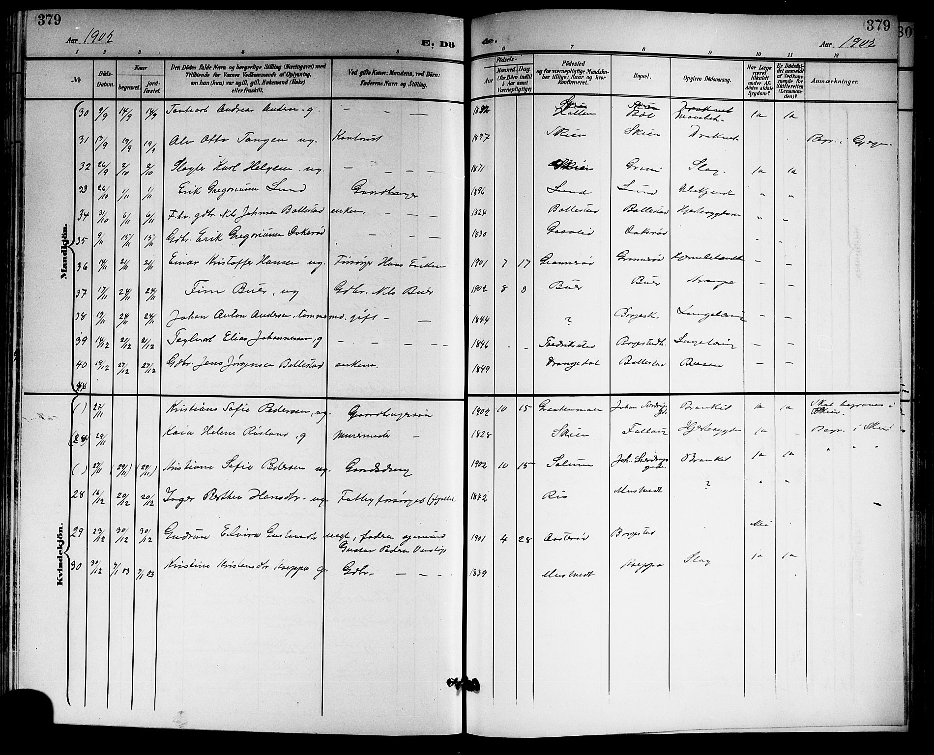 Gjerpen kirkebøker, AV/SAKO-A-265/G/Ga/L0003: Klokkerbok nr. I 3, 1901-1919, s. 379