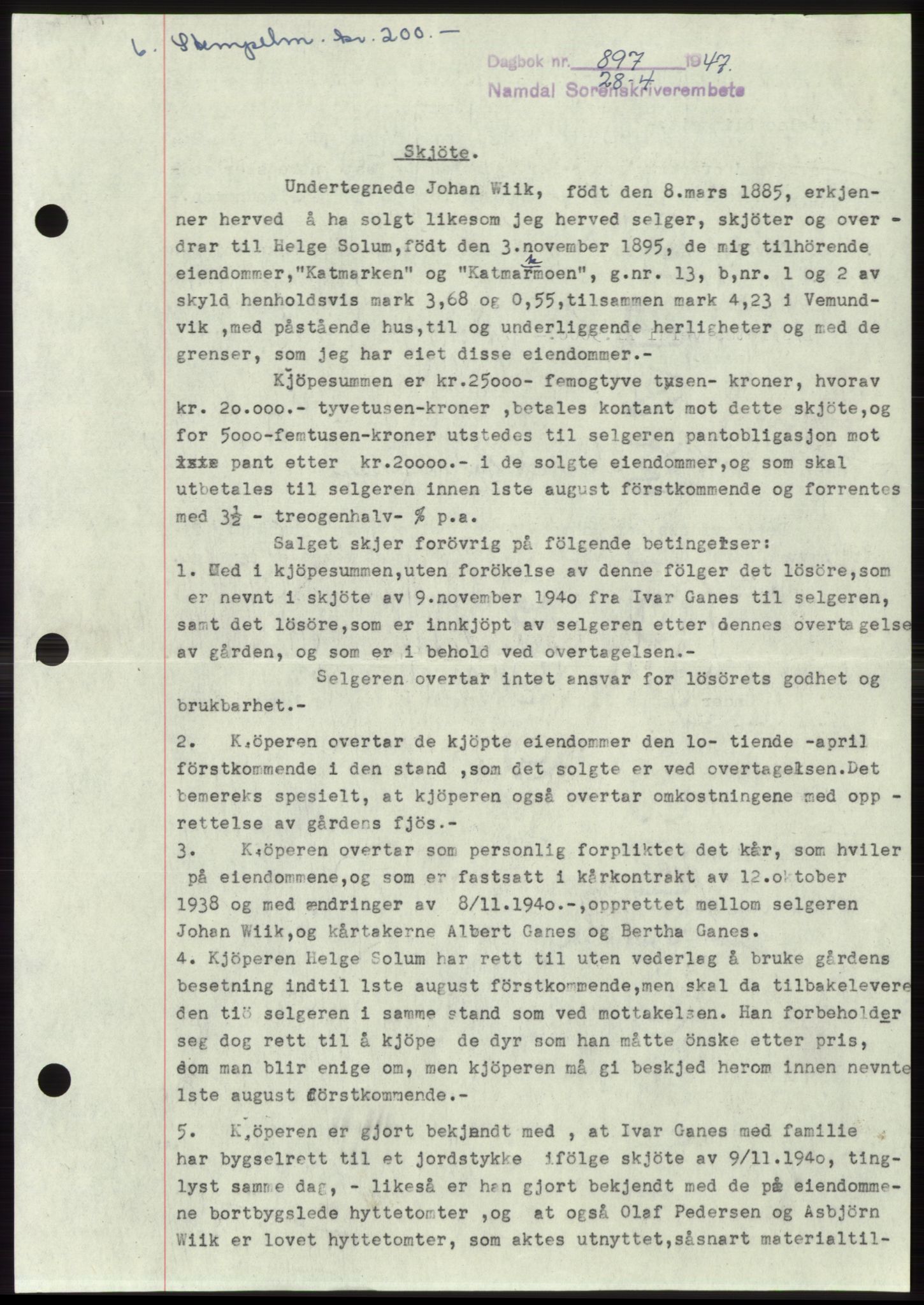Namdal sorenskriveri, SAT/A-4133/1/2/2C: Pantebok nr. -, 1947-1947, Dagboknr: 897/1947