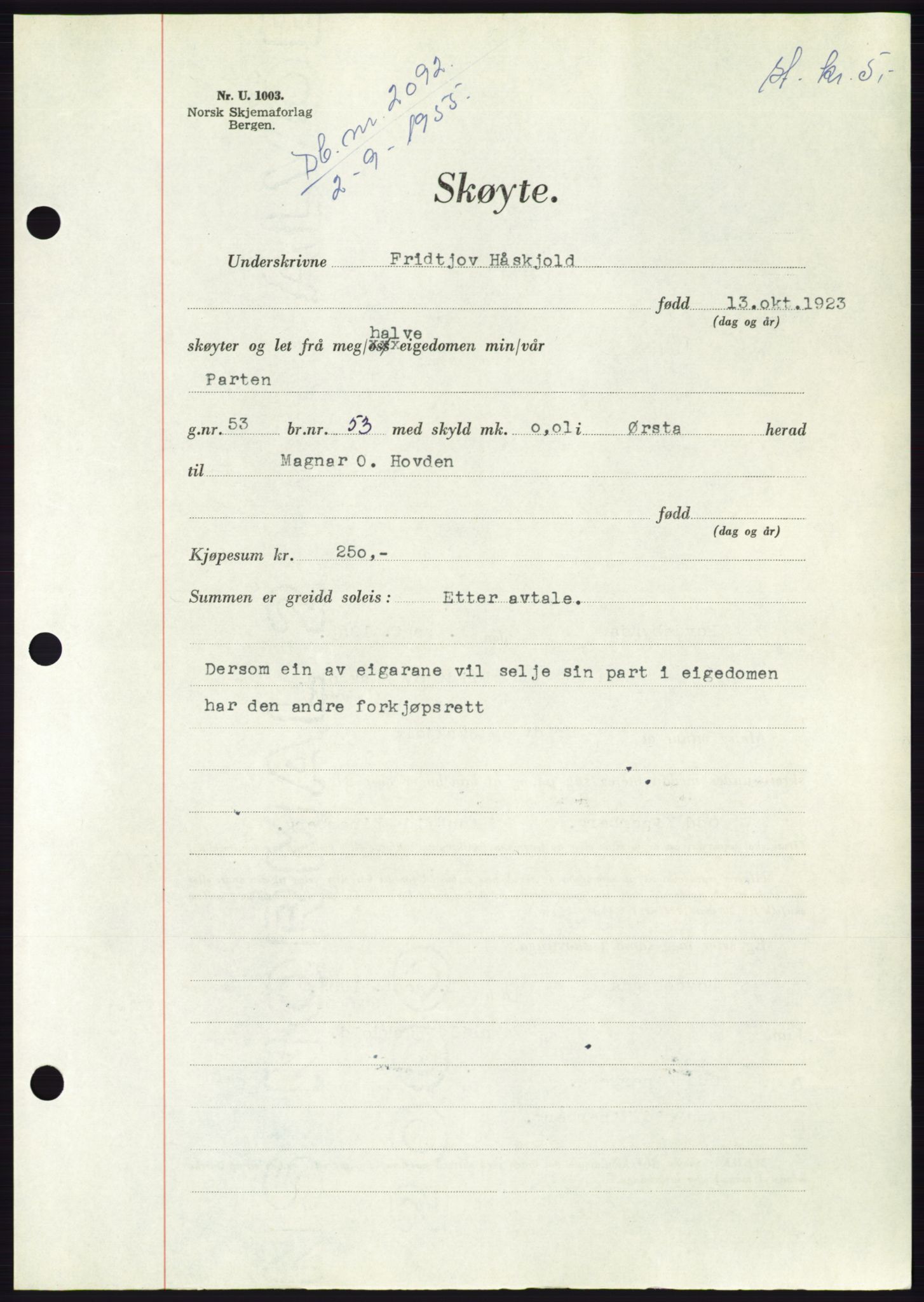 Søre Sunnmøre sorenskriveri, AV/SAT-A-4122/1/2/2C/L0101: Pantebok nr. 27A, 1955-1955, Dagboknr: 2092/1955