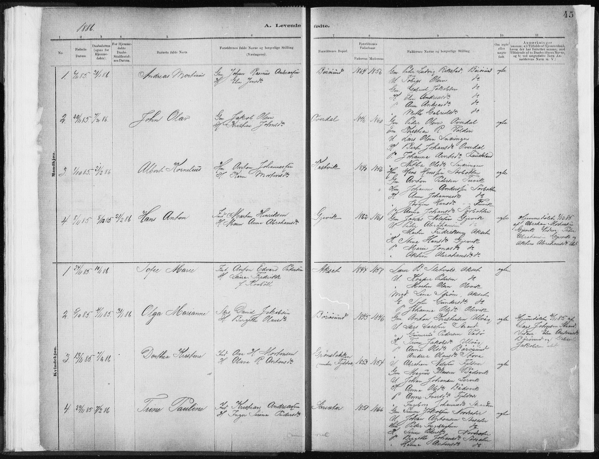 Ministerialprotokoller, klokkerbøker og fødselsregistre - Sør-Trøndelag, SAT/A-1456/637/L0558: Ministerialbok nr. 637A01, 1882-1899, s. 45