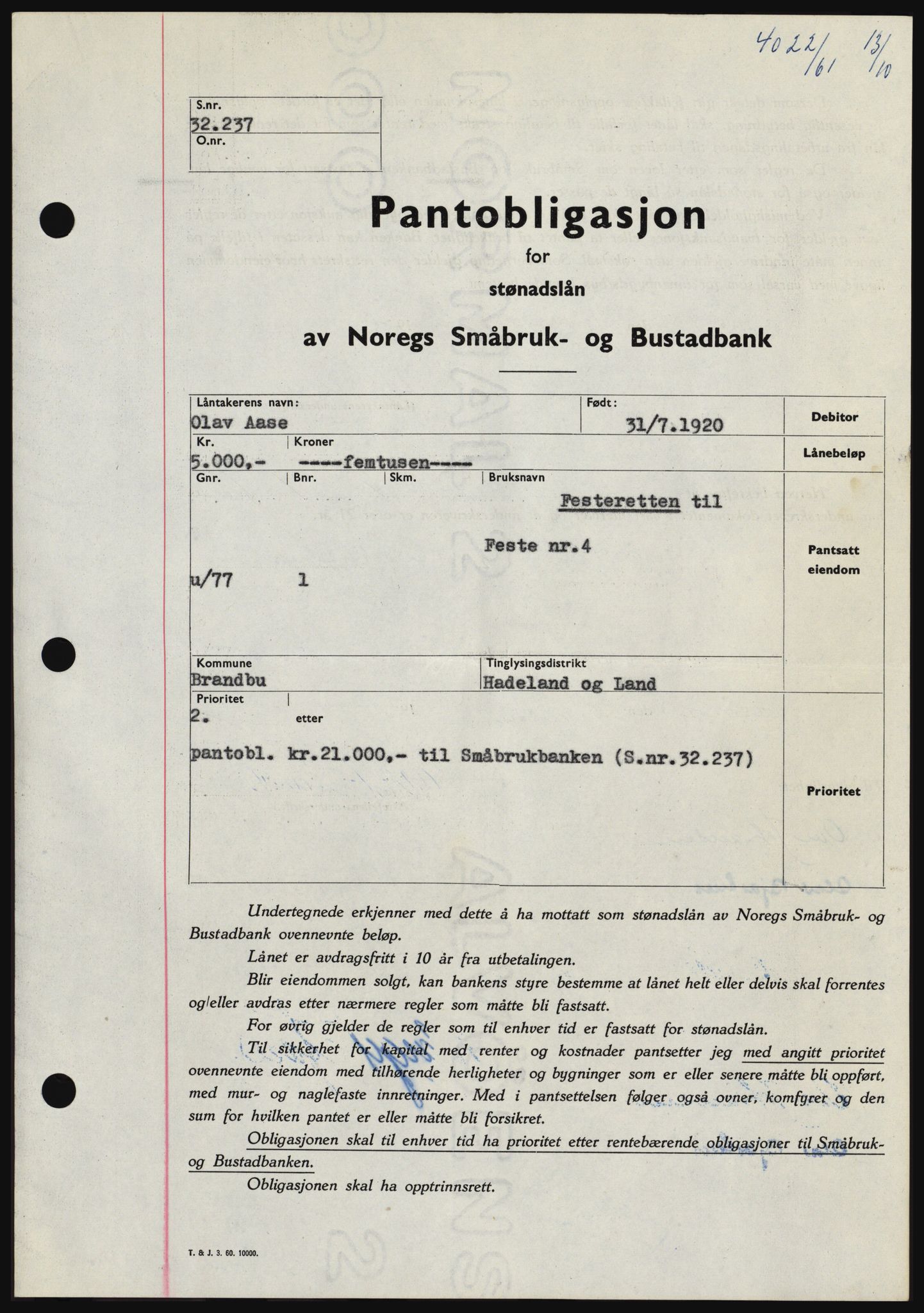 Hadeland og Land tingrett, SAH/TING-010/H/Hb/Hbc/L0047: Pantebok nr. B47, 1961-1962, Dagboknr: 4022/1961