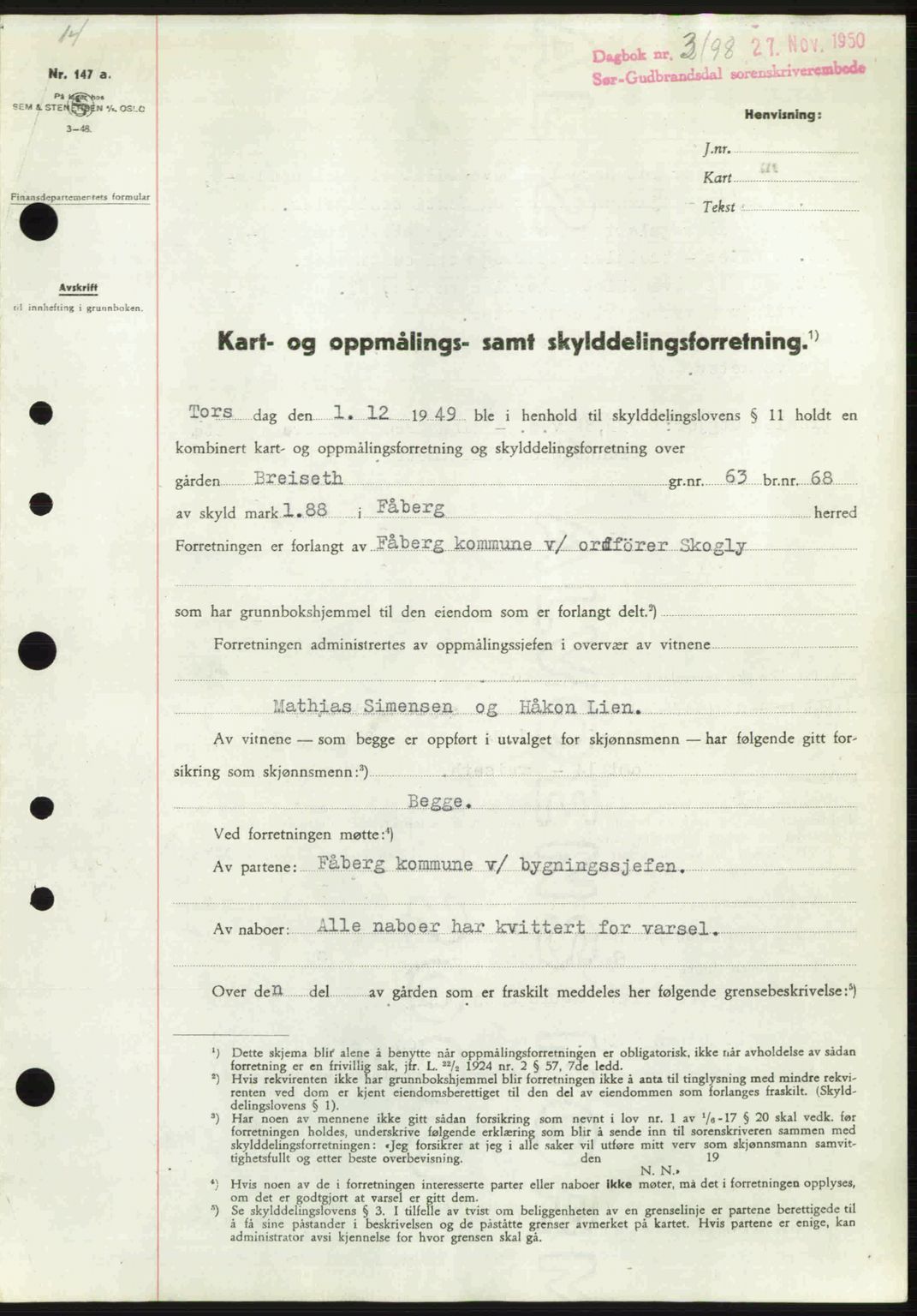 Sør-Gudbrandsdal tingrett, SAH/TING-004/H/Hb/Hbd/L0029: Pantebok nr. A29, 1950-1950, Dagboknr: 3198/1950