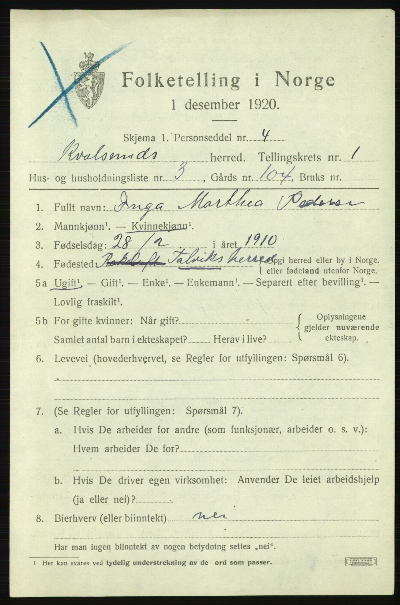 SATØ, Folketelling 1920 for 2017 Kvalsund herred, 1920, s. 494