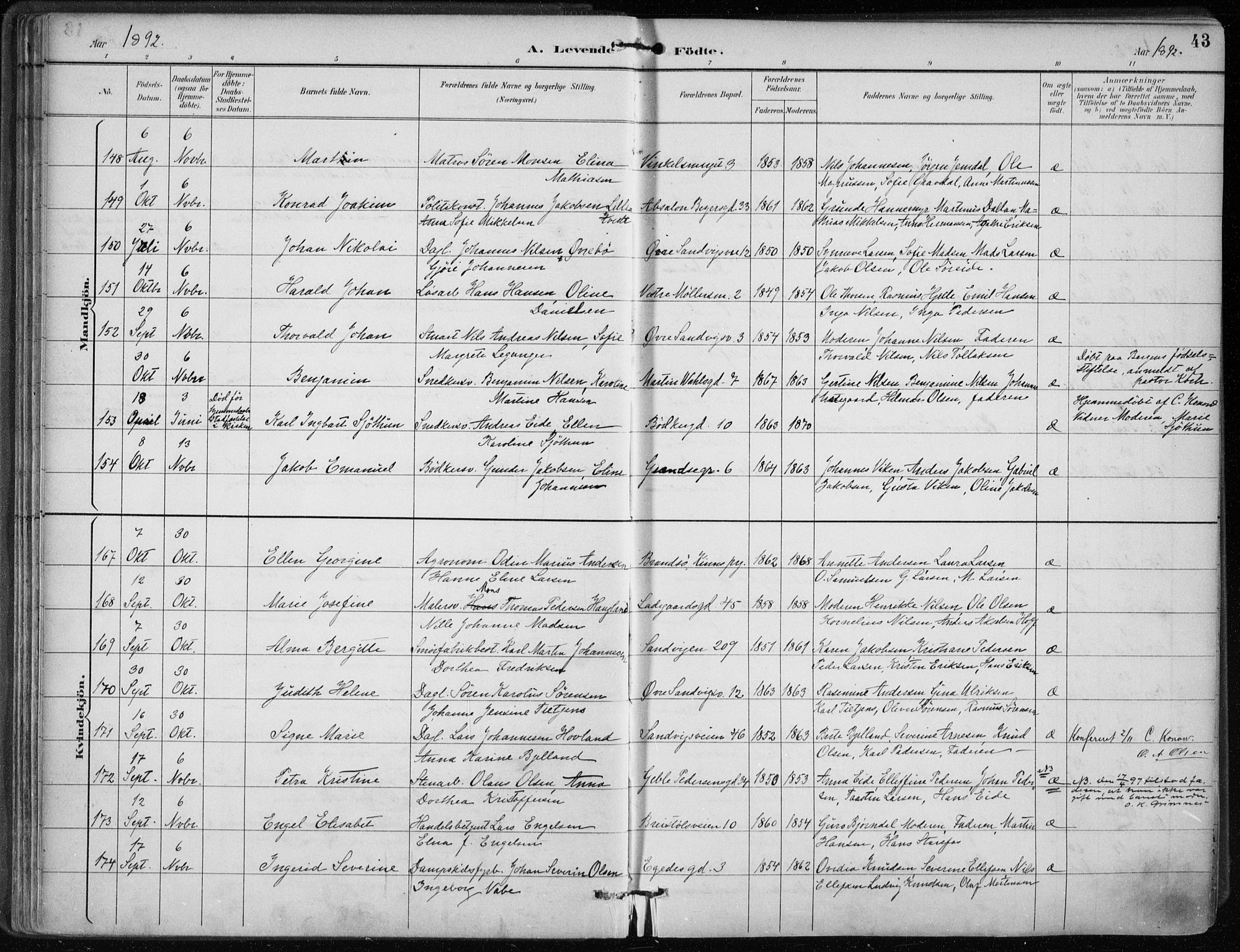 Sandviken Sokneprestembete, AV/SAB-A-77601/H/Ha/L0005: Ministerialbok nr. B 2, 1891-1901, s. 43