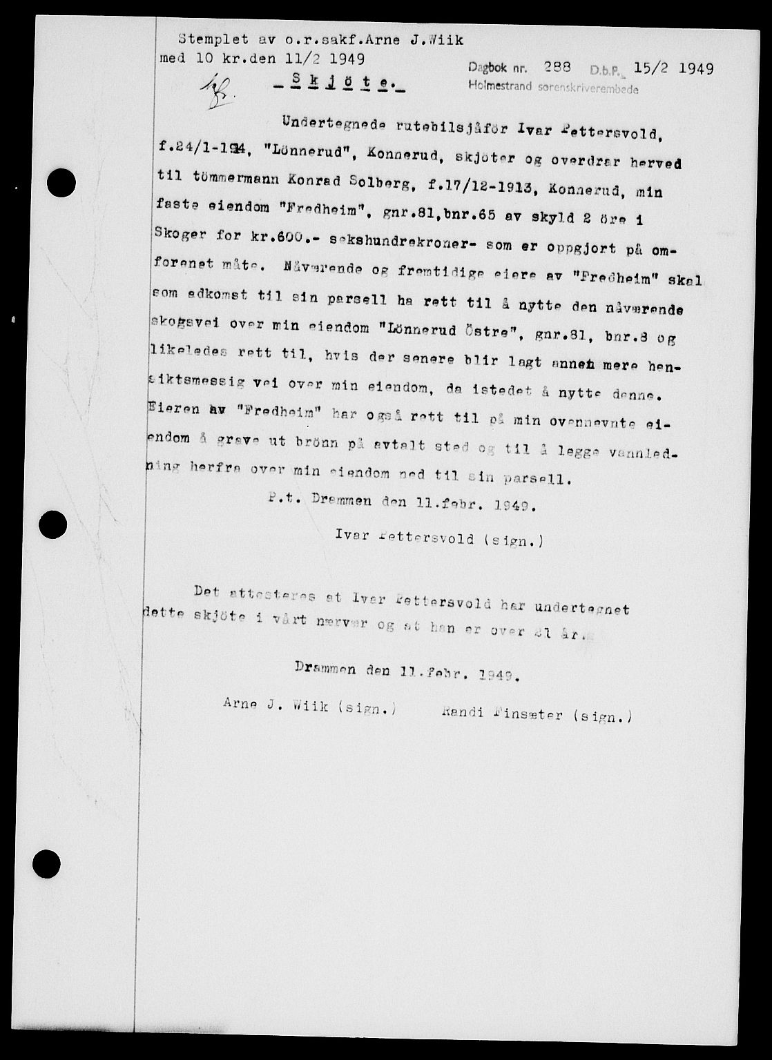 Holmestrand sorenskriveri, SAKO/A-67/G/Ga/Gaa/L0065: Pantebok nr. A-65, 1948-1949, Dagboknr: 288/1949