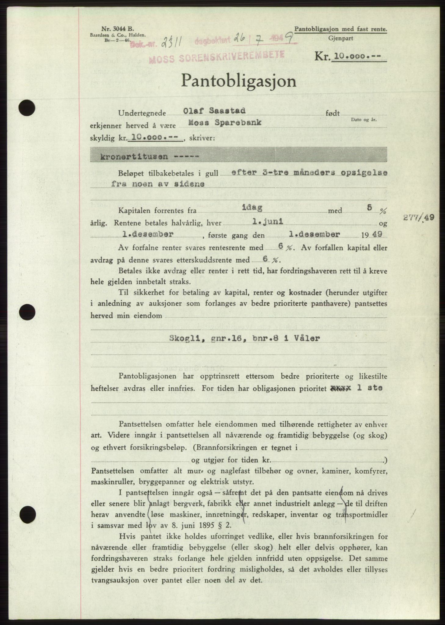 Moss sorenskriveri, SAO/A-10168: Pantebok nr. B22, 1949-1949, Dagboknr: 2311/1949