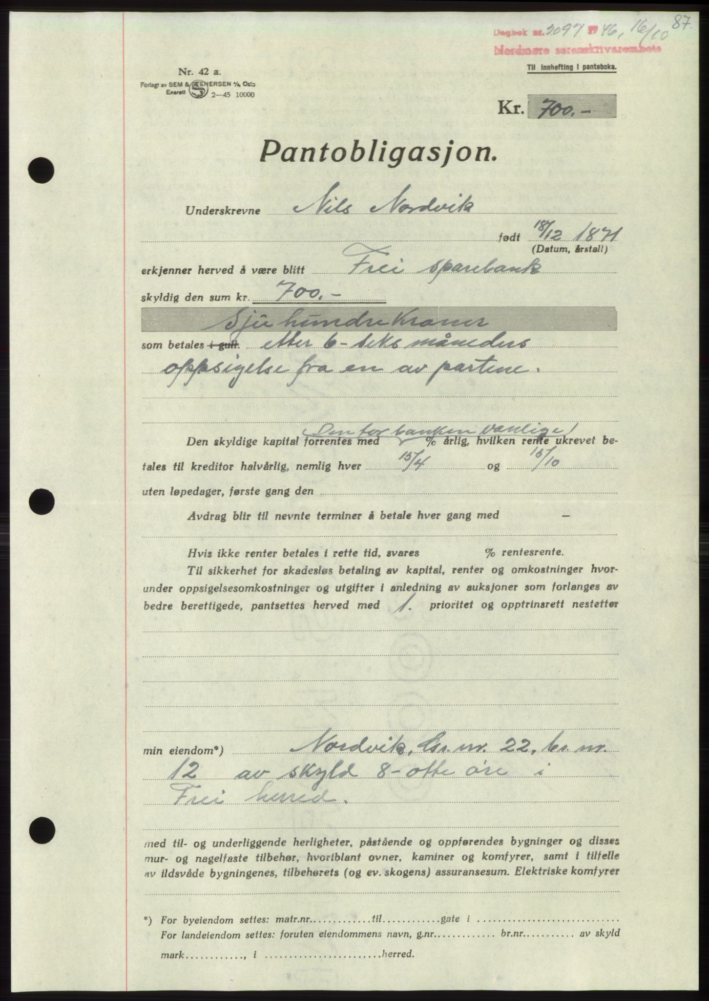 Nordmøre sorenskriveri, SAT/A-4132/1/2/2Ca: Pantebok nr. B95, 1946-1947, Dagboknr: 2097/1946