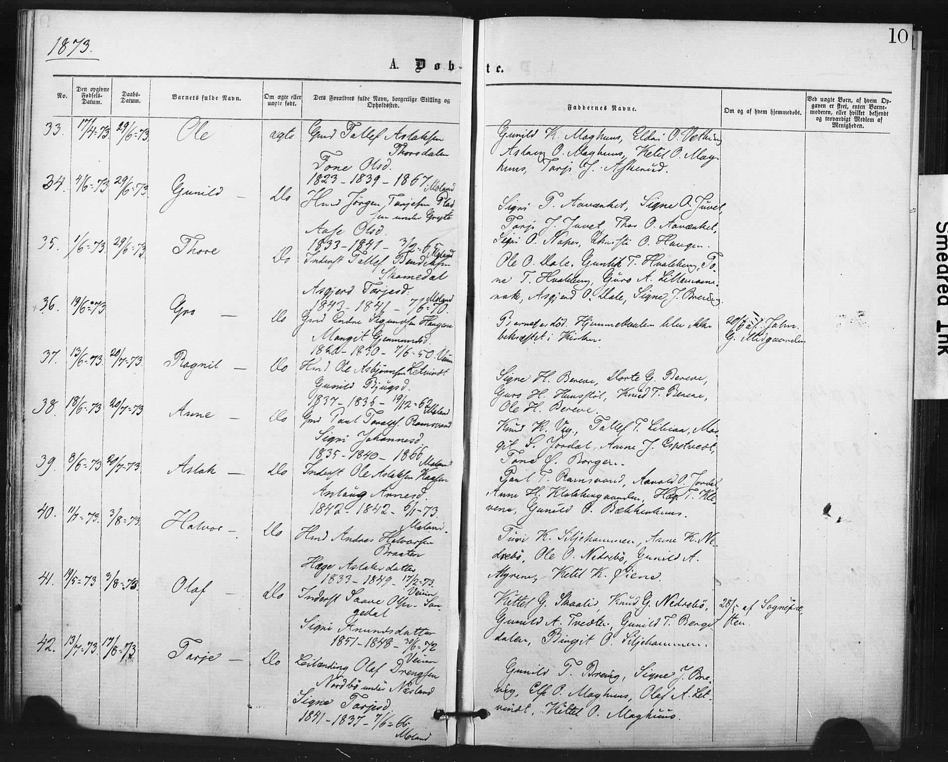 Fyresdal kirkebøker, AV/SAKO-A-263/F/Fa/L0006: Ministerialbok nr. I 6, 1872-1886, s. 10