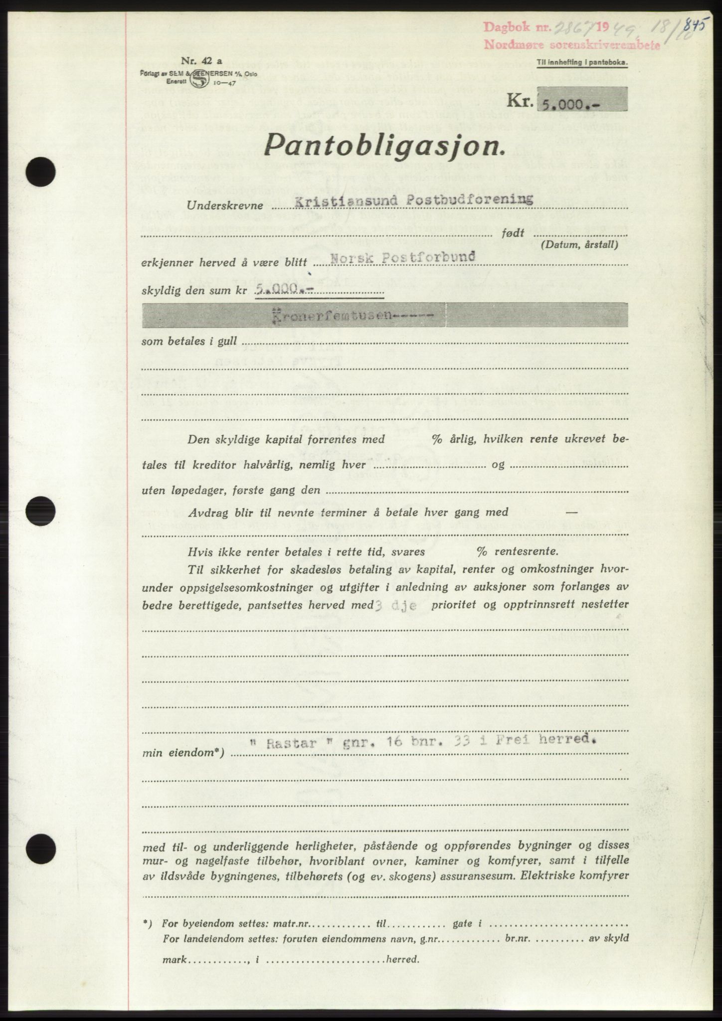 Nordmøre sorenskriveri, AV/SAT-A-4132/1/2/2Ca: Pantebok nr. B102, 1949-1949, Dagboknr: 2867/1949