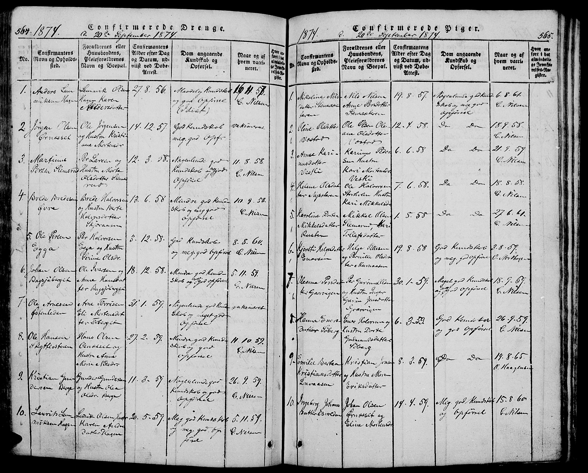 Trysil prestekontor, SAH/PREST-046/H/Ha/Hab/L0005: Klokkerbok nr. 5, 1814-1877, s. 564-565