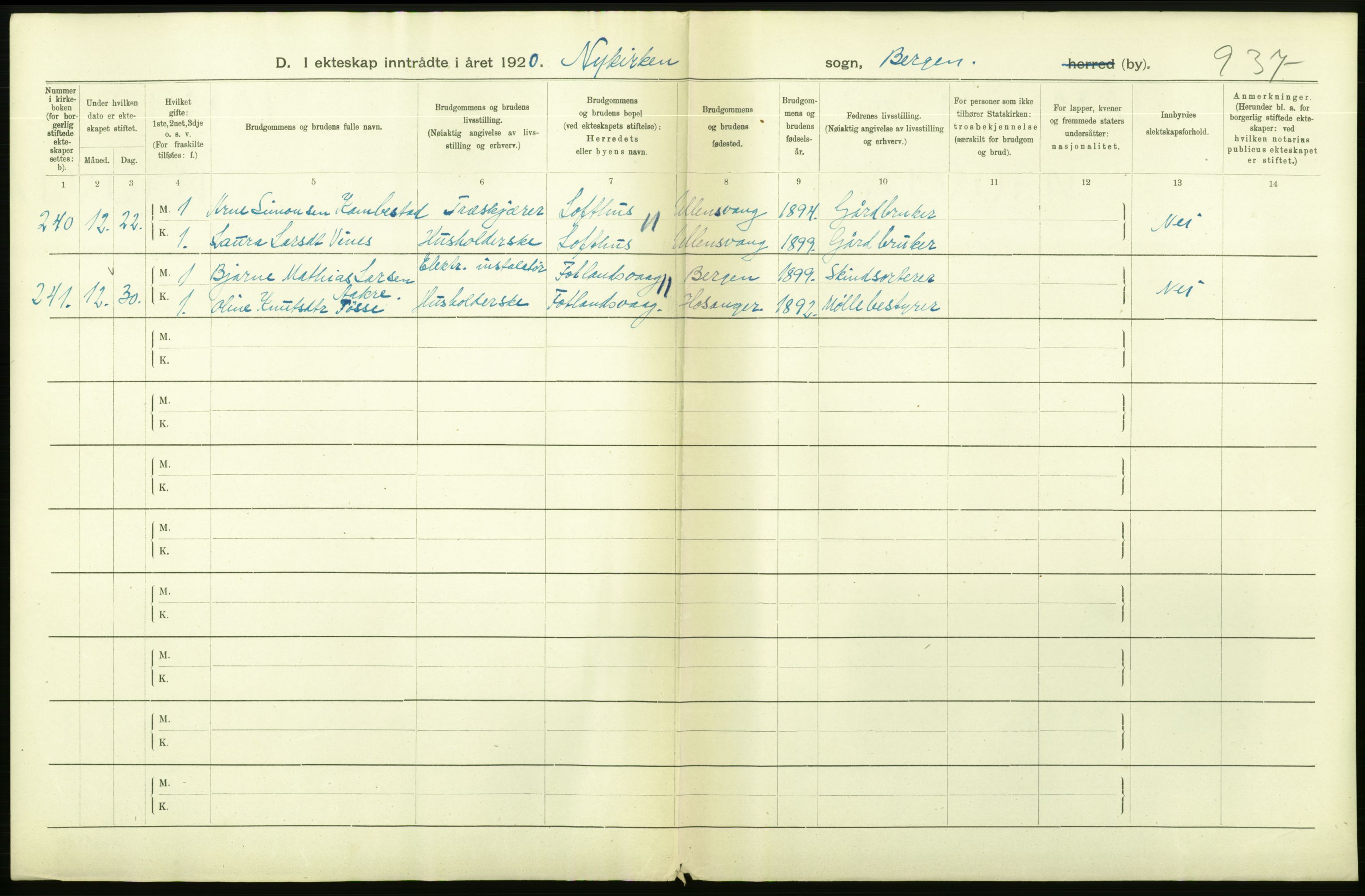 Statistisk sentralbyrå, Sosiodemografiske emner, Befolkning, AV/RA-S-2228/D/Df/Dfb/Dfbj/L0042: Bergen: Gifte, døde, dødfødte., 1920, s. 102