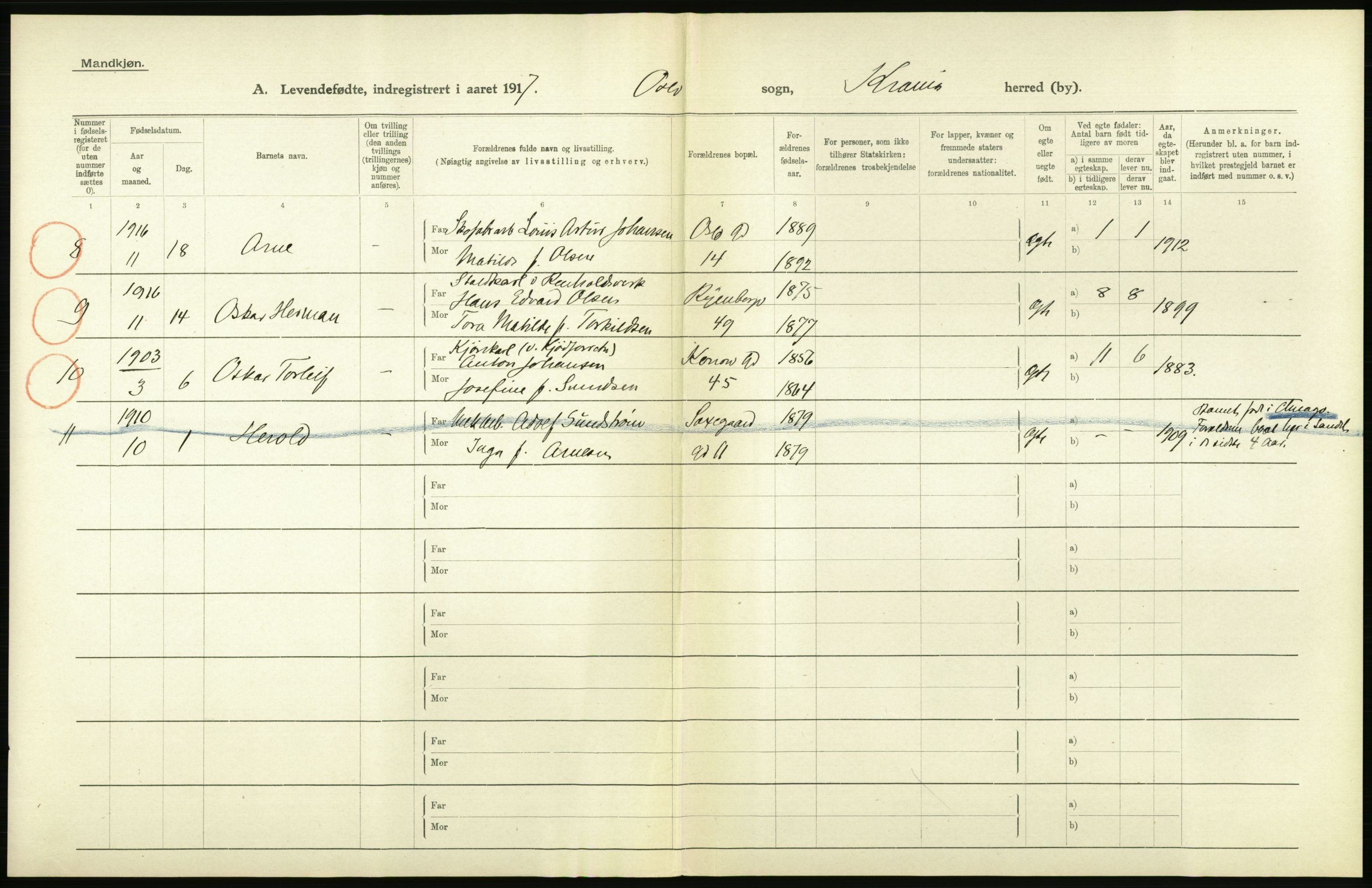 Statistisk sentralbyrå, Sosiodemografiske emner, Befolkning, AV/RA-S-2228/D/Df/Dfb/Dfbg/L0006: Kristiania: Levendefødte menn og kvinner., 1917, s. 542