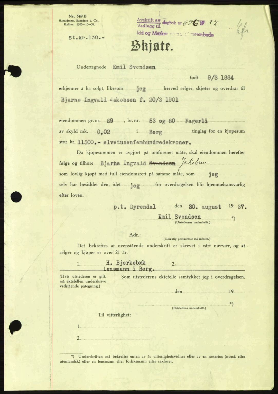 Idd og Marker sorenskriveri, AV/SAO-A-10283/G/Gb/Gbb/L0002: Pantebok nr. A2, 1937-1938, Dagboknr: 896/1937