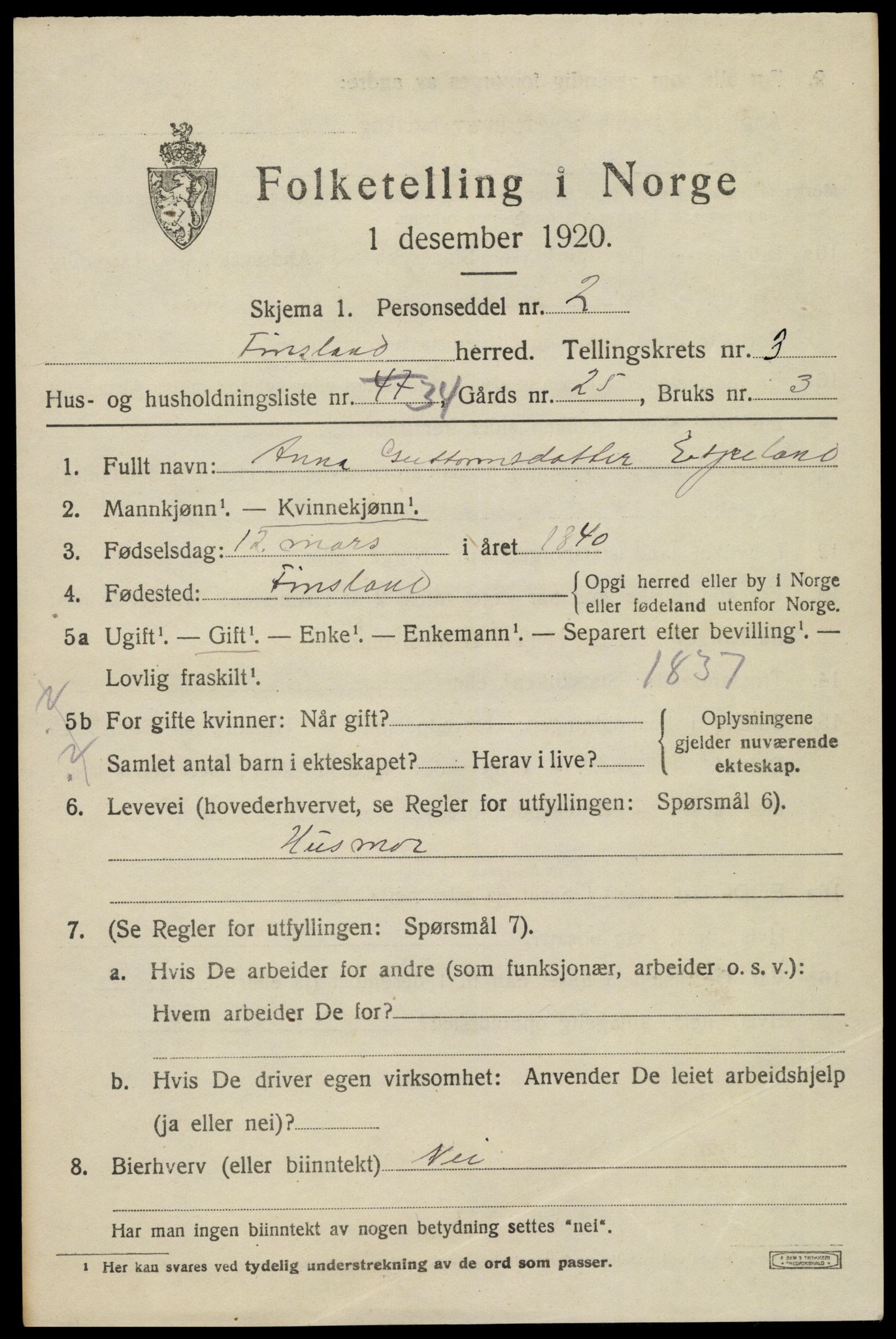 SAK, Folketelling 1920 for 1023 Finsland herred, 1920, s. 1578