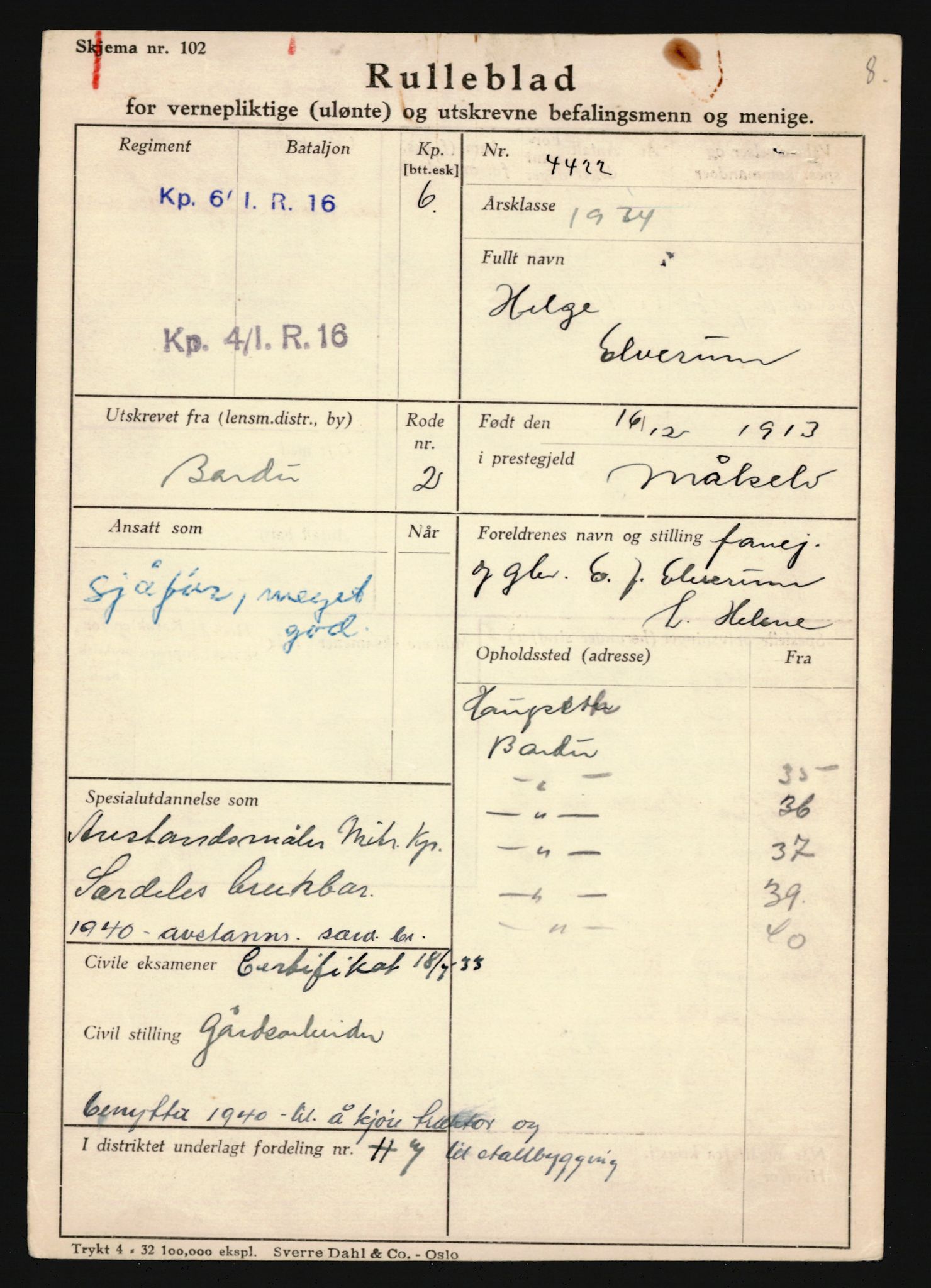 Forsvaret, Troms infanteriregiment nr. 16, AV/RA-RAFA-3146/P/Pa/L0018: Rulleblad for regimentets menige mannskaper, årsklasse 1934, 1934, s. 219