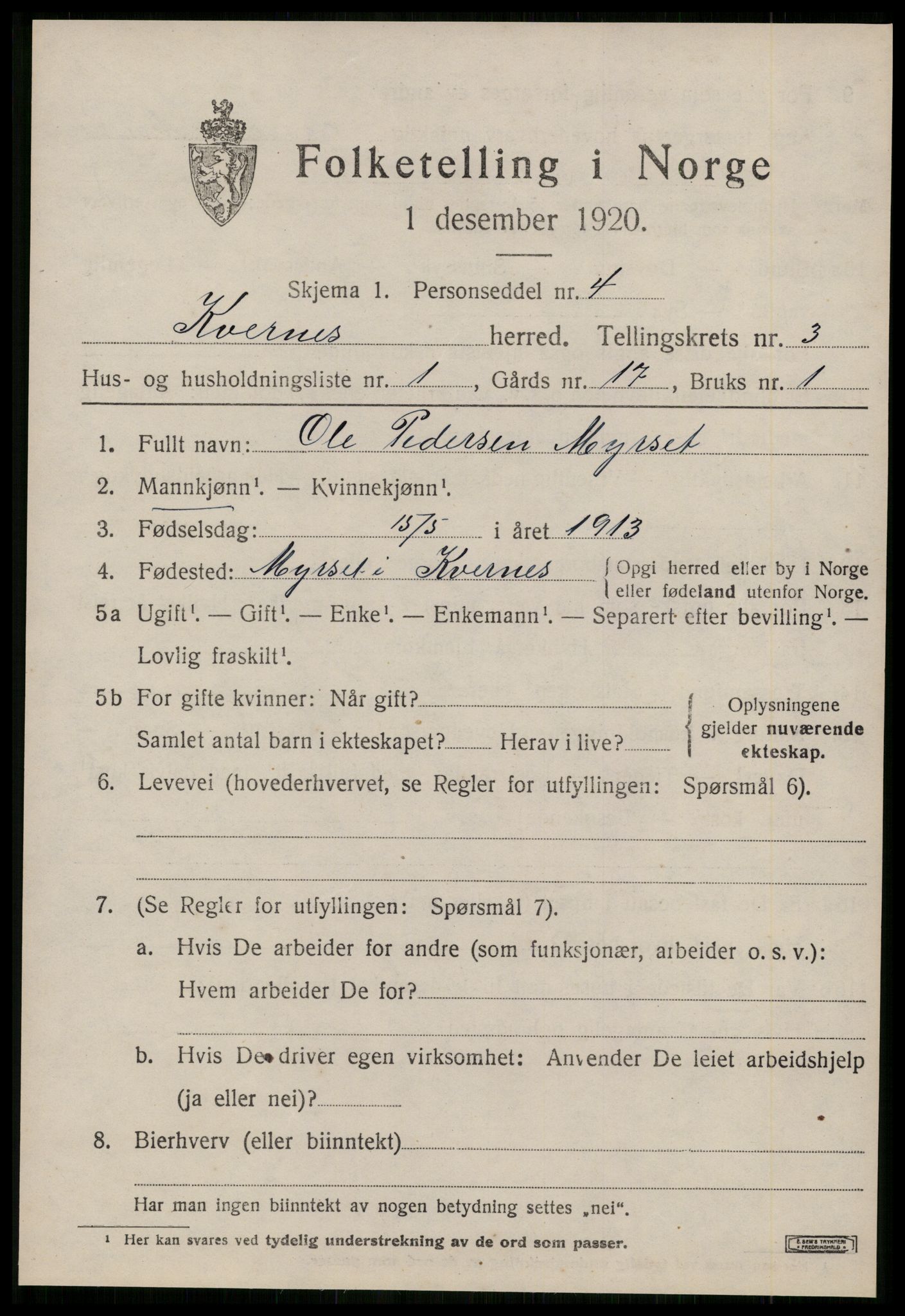 SAT, Folketelling 1920 for 1553 Kvernes herred, 1920, s. 1589