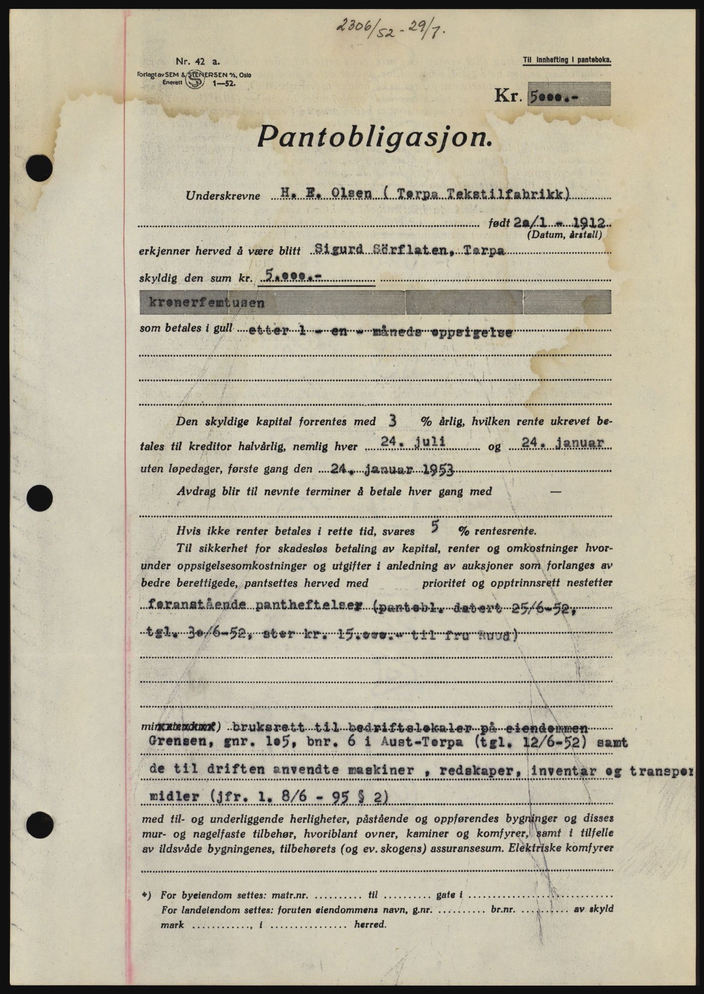 Hadeland og Land tingrett, SAH/TING-010/H/Hb/Hbc/L0024: Pantebok nr. B24, 1952-1952, Dagboknr: 2306/1952