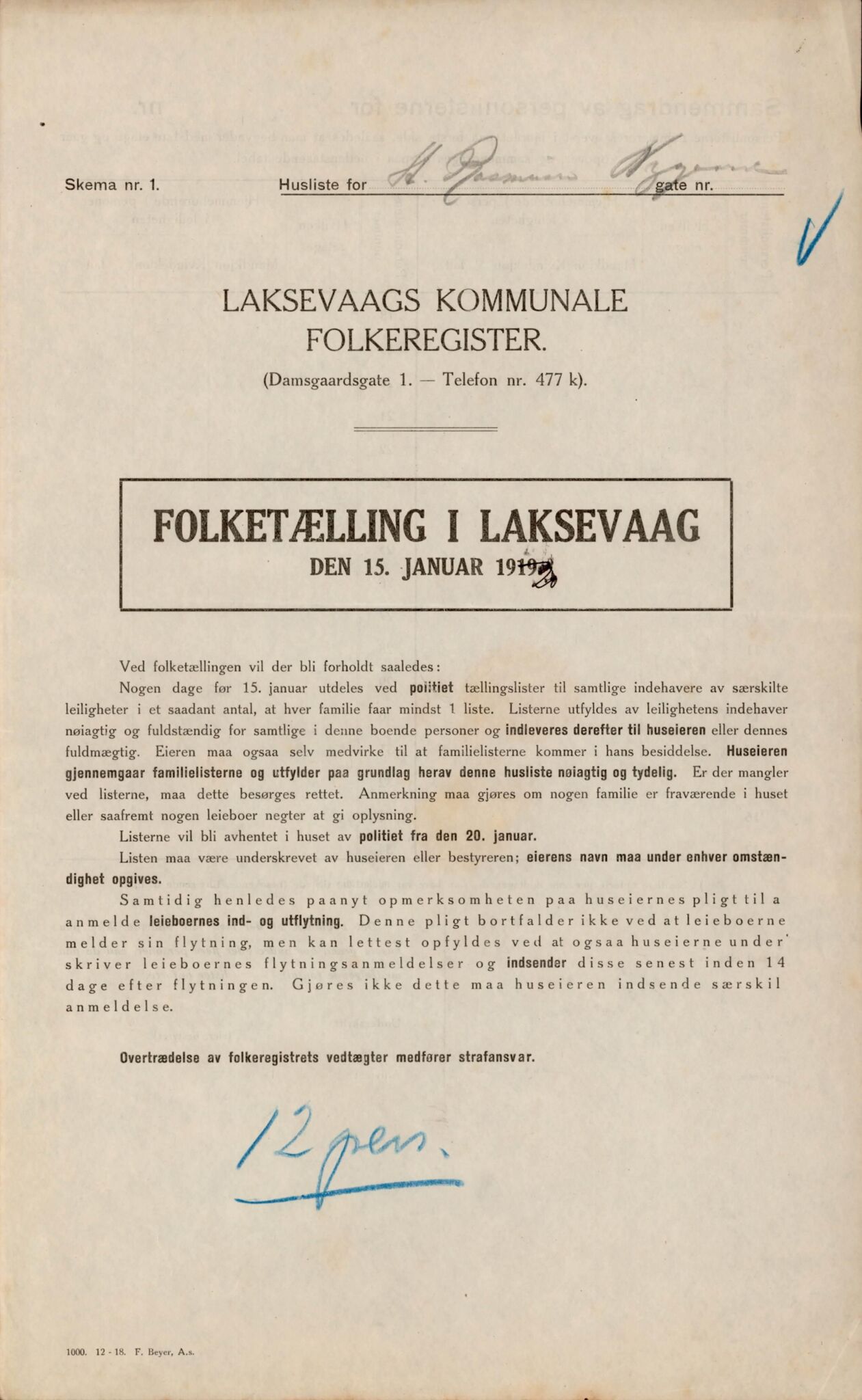 Laksevåg kommune. Folkeregisteret, BBA/A-1586/E/Ea/L0002: Folketellingskjema 1920, 1920