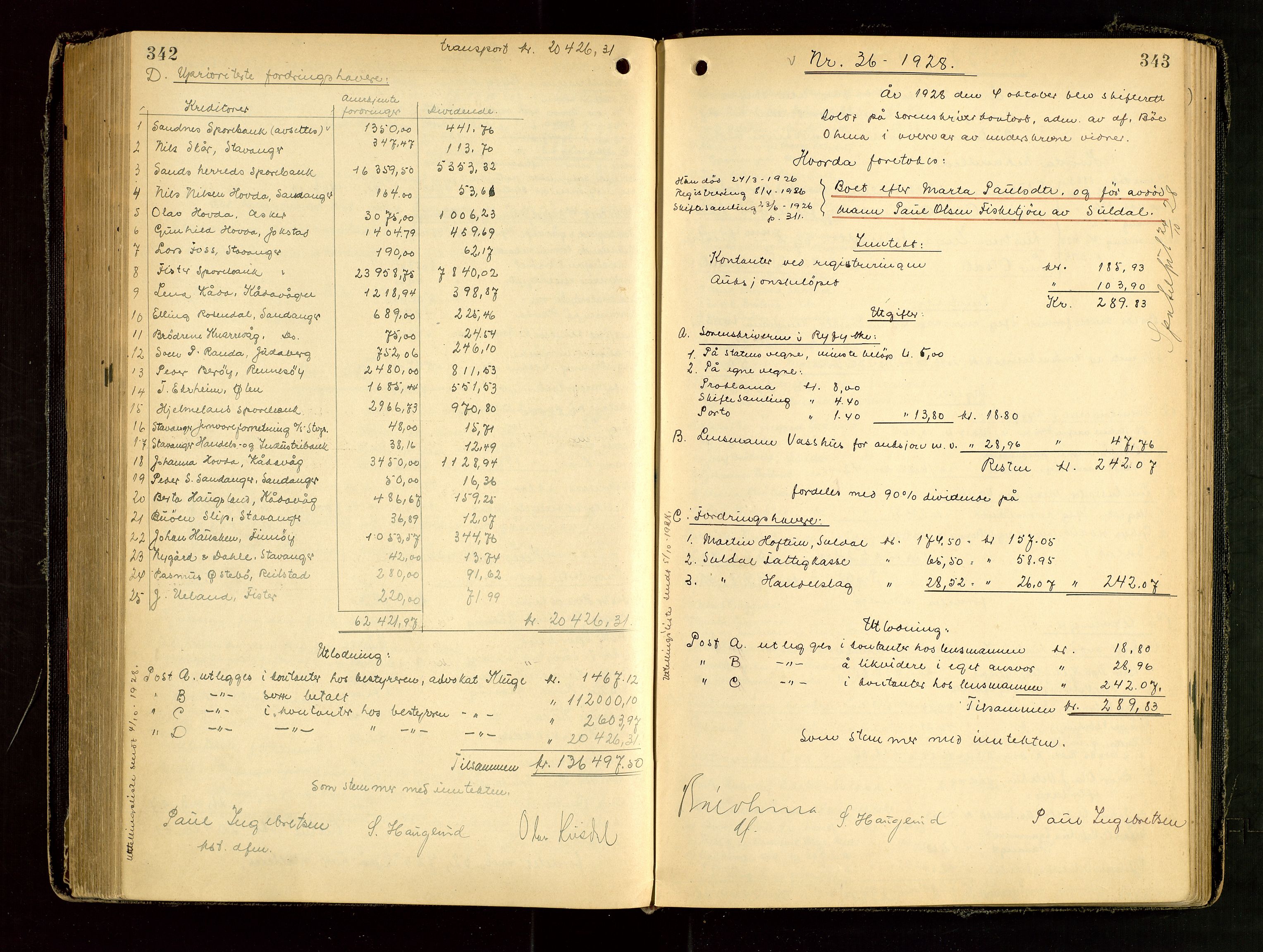 Ryfylke tingrett, AV/SAST-A-100055/001/IV/IVG/L0006: Skifteutlodningsprotokoll Med register, 1924-1929, s. 342-343