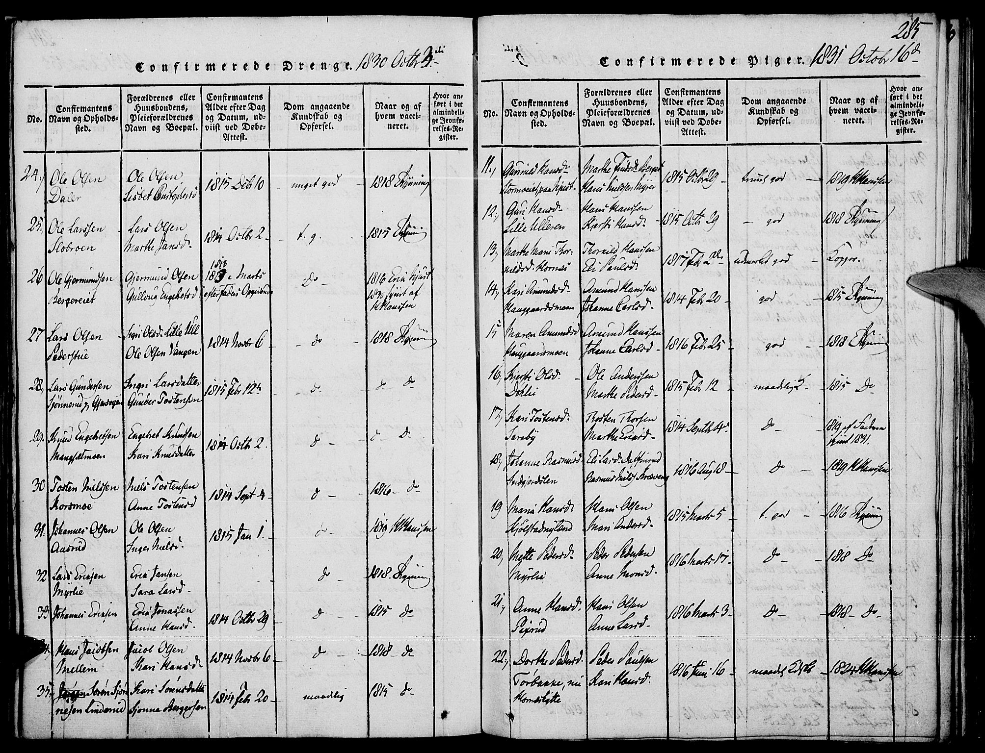 Strøm-Odalen prestekontor, AV/SAH-PREST-028/H/Ha/Haa/L0006: Ministerialbok nr. 6, 1814-1850, s. 285