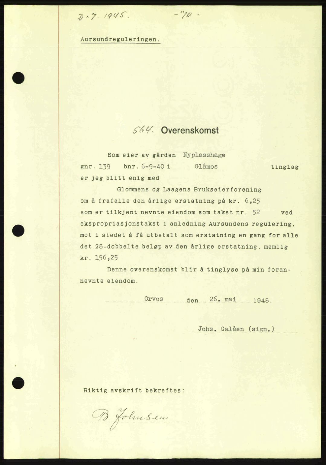 Gauldal sorenskriveri, SAT/A-0014/1/2/2C: Pantebok nr. A1a, 1945-1945, Dagboknr: 564/1945