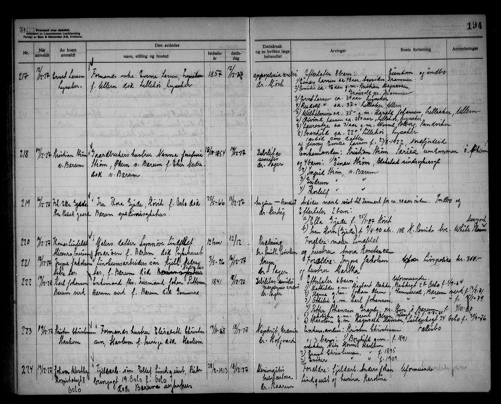 Bærum lensmannskontor, AV/SAO-A-10277/H/Ha/Haa/L0006: Dødsanmeldelsesprotokoll, 1922-1928, s. 194
