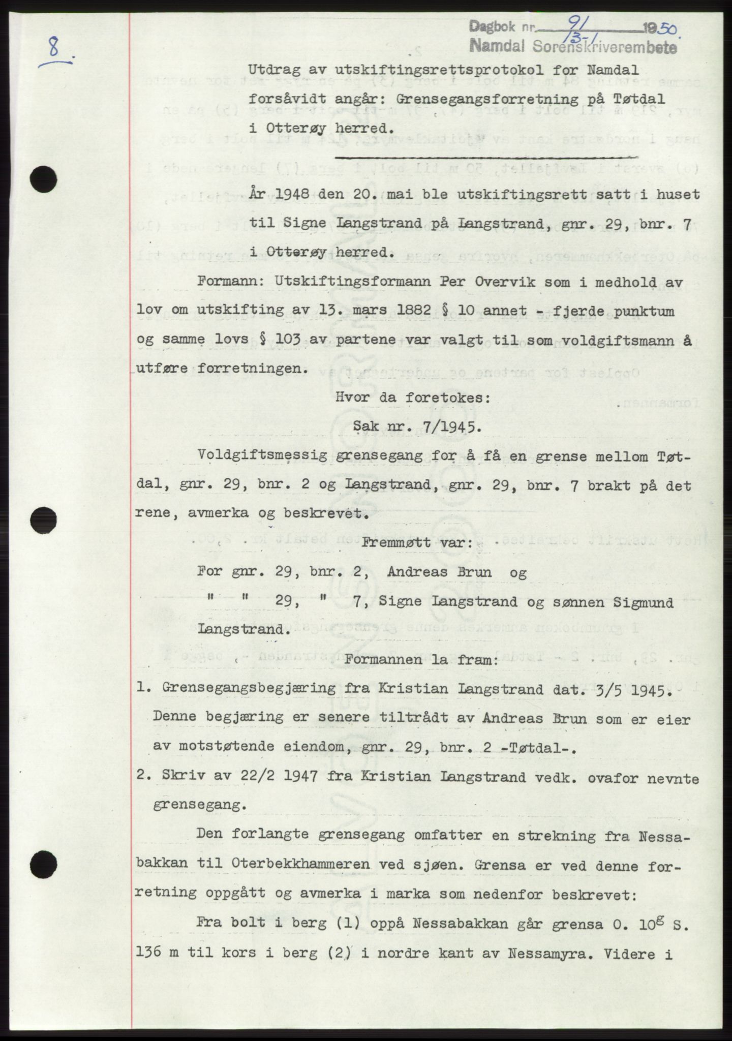 Namdal sorenskriveri, AV/SAT-A-4133/1/2/2C: Pantebok nr. -, 1950-1950, Dagboknr: 91/1950