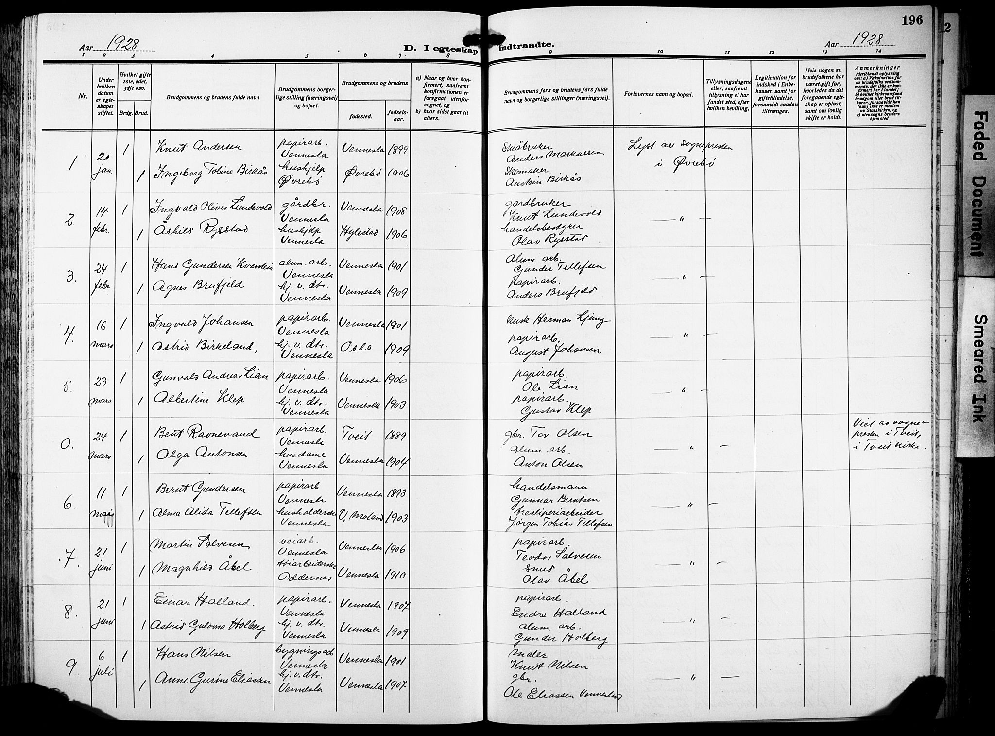 Vennesla sokneprestkontor, AV/SAK-1111-0045/Fb/Fbb/L0007: Klokkerbok nr. B 7, 1922-1933, s. 196