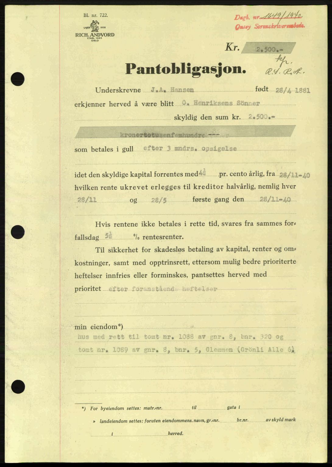 Onsøy sorenskriveri, SAO/A-10474/G/Ga/Gac/L0003: Pantebok nr. B3, 1940-1944, Dagboknr: 1649/1940