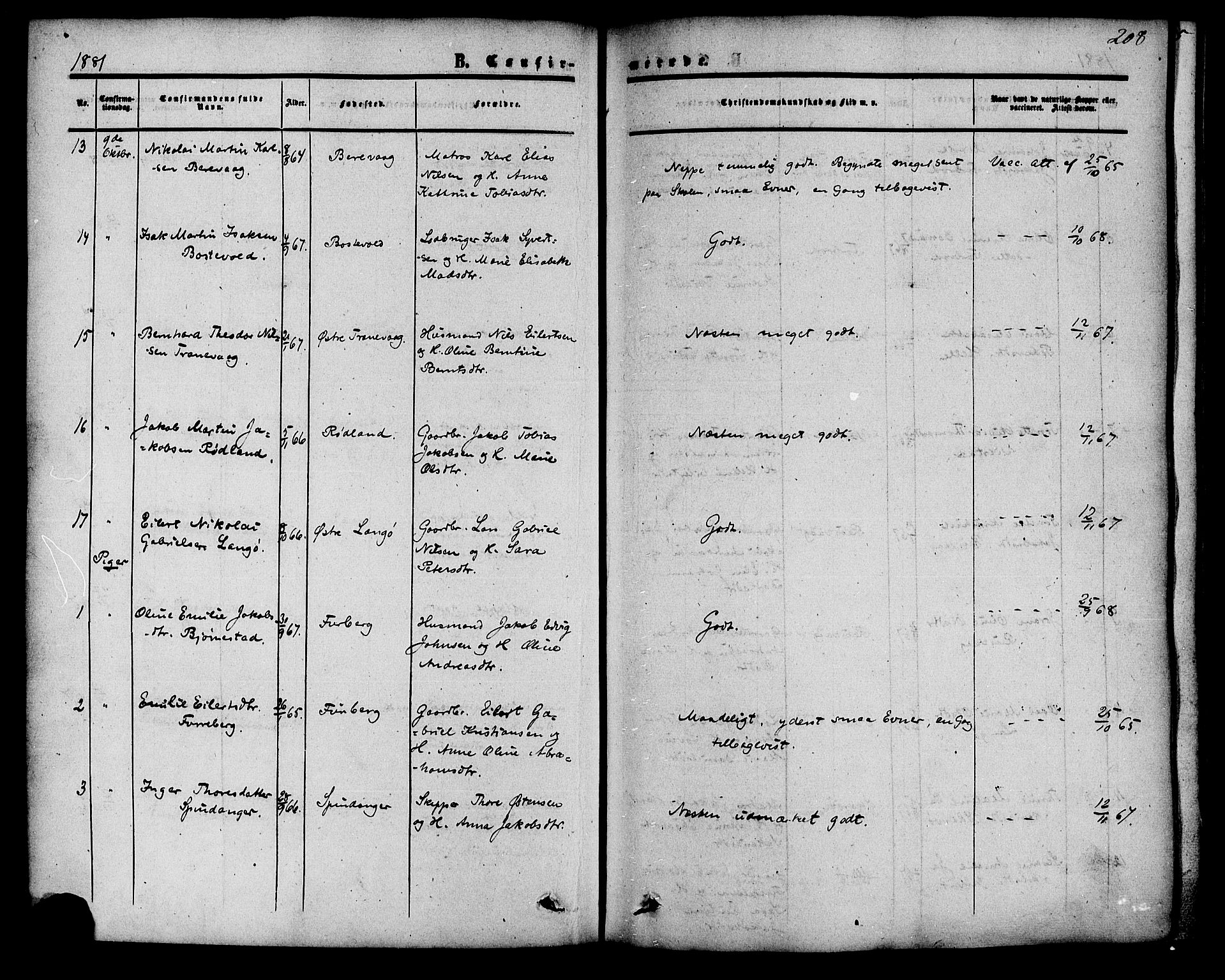 Herad sokneprestkontor, AV/SAK-1111-0018/F/Fa/Fab/L0004: Ministerialbok nr. A 4, 1853-1885, s. 208