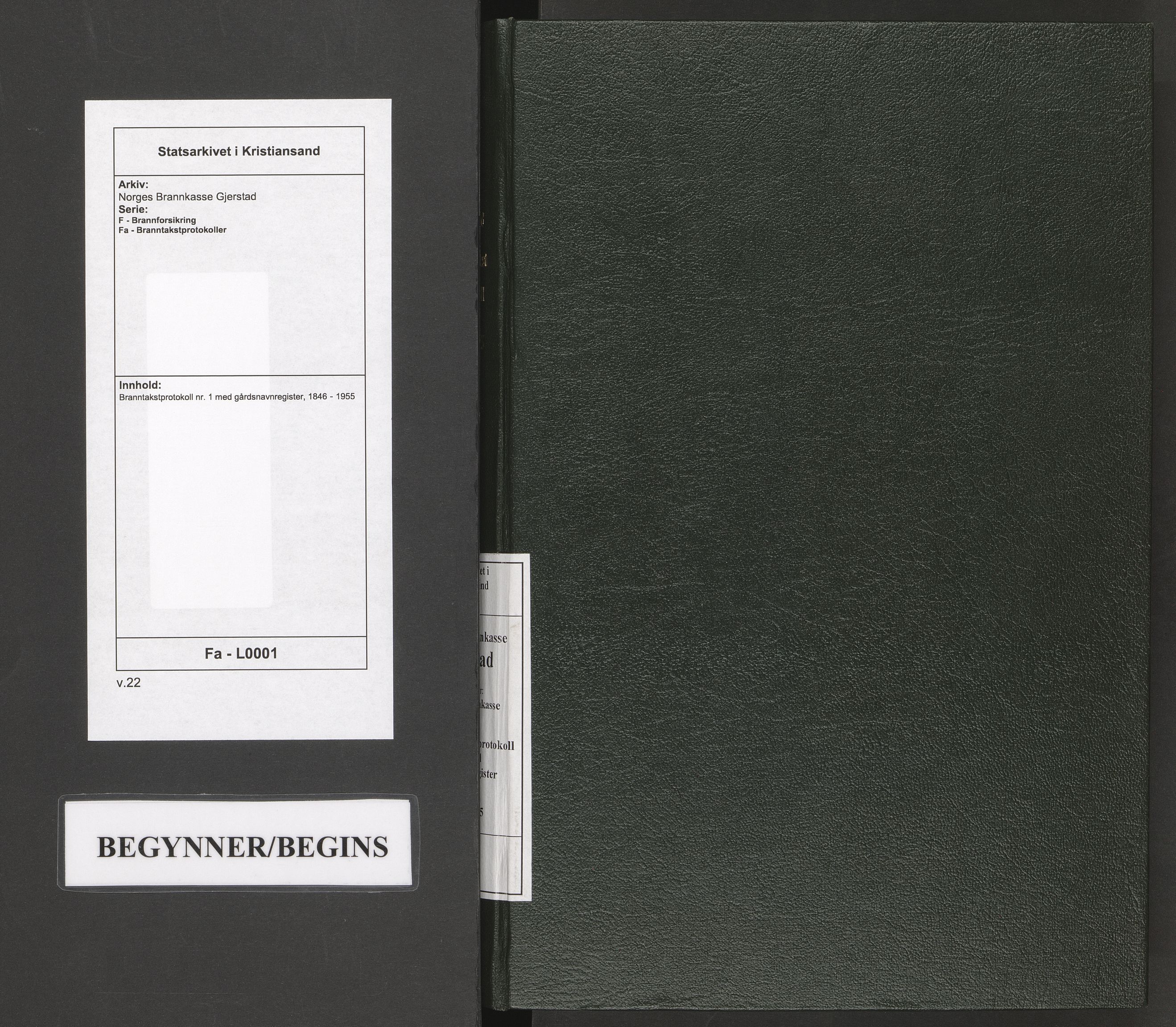 Norges Brannkasse Gjerstad, SAK/2241-0017/F/Fa/L0001: Branntakstprotokoll nr. 1 med gårdsnavnregister, 1846-1955