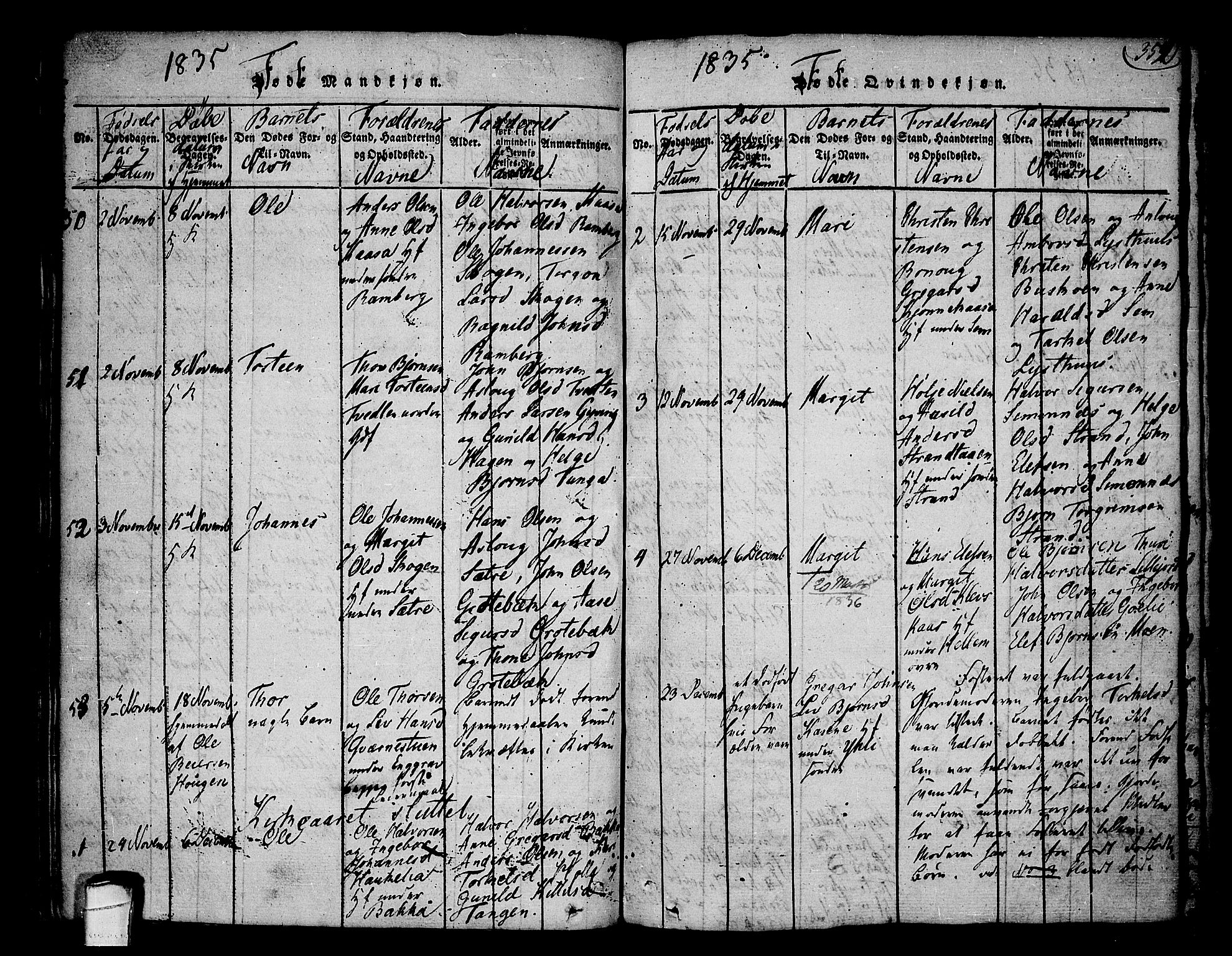 Heddal kirkebøker, SAKO/A-268/F/Fa/L0005: Ministerialbok nr. I 5, 1814-1837, s. 351-352