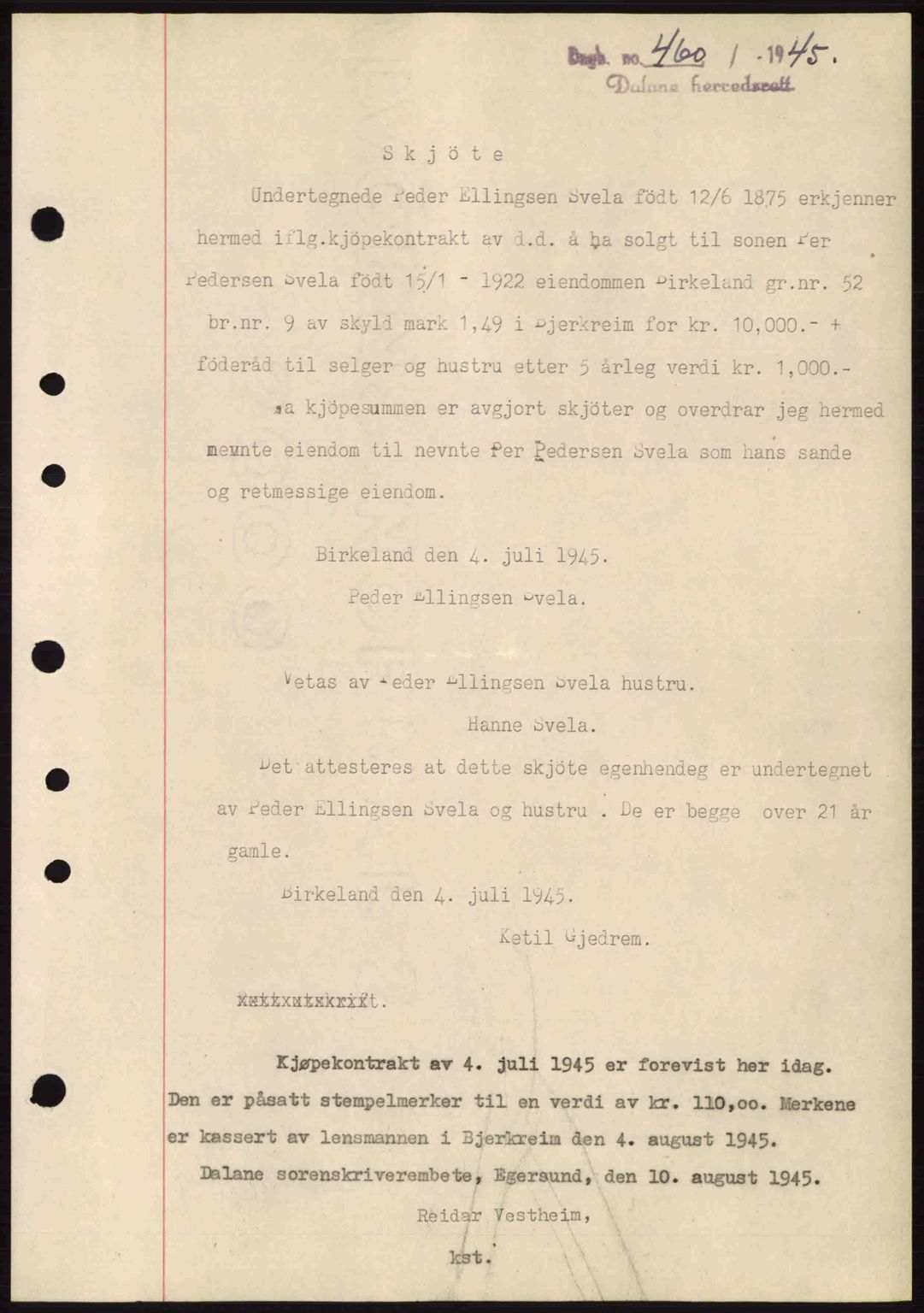 Dalane sorenskriveri, SAST/A-100309/02/G/Gb/L0047: Pantebok nr. A8 I, 1944-1945, Dagboknr: 460/1945