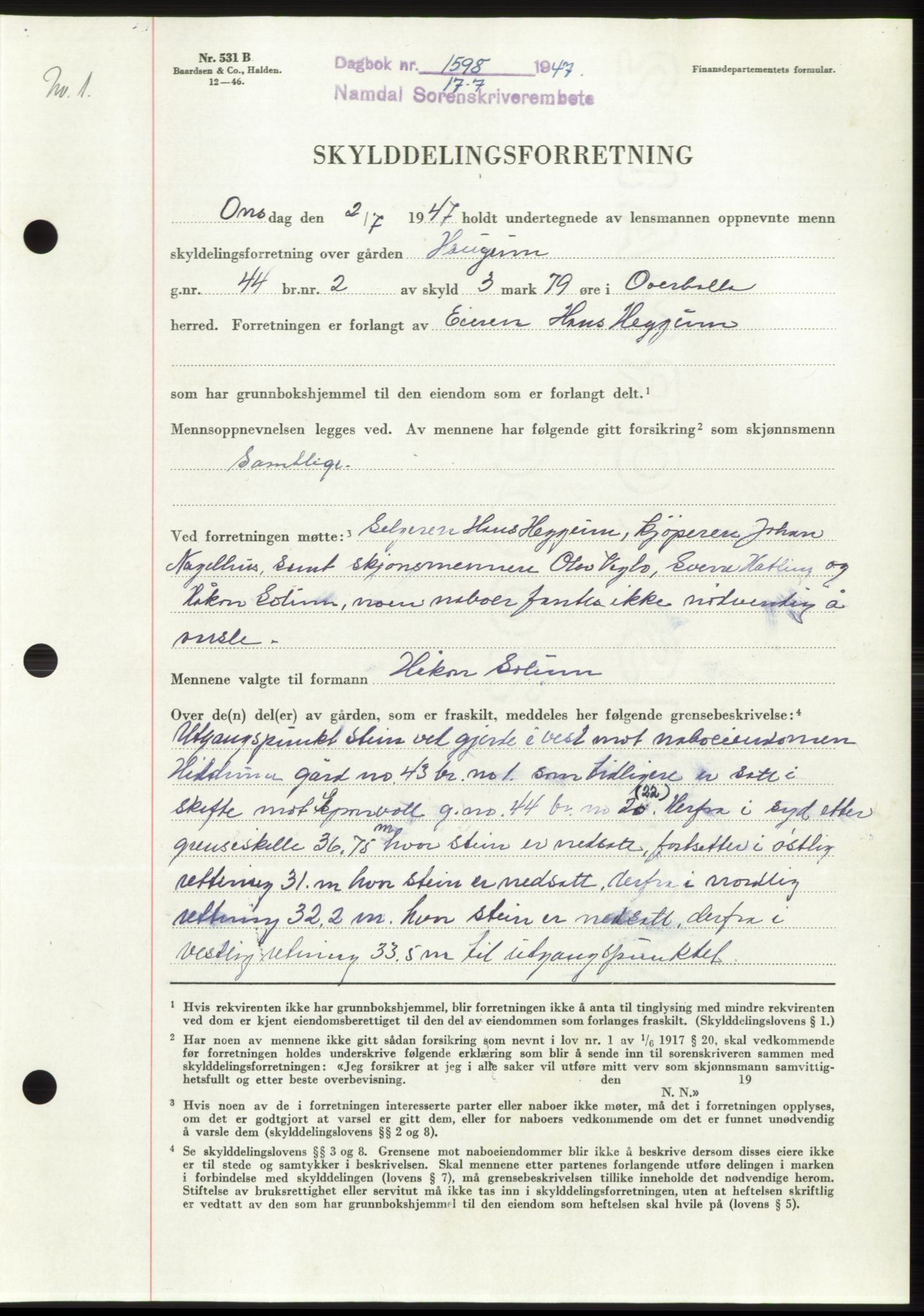 Namdal sorenskriveri, SAT/A-4133/1/2/2C: Pantebok nr. -, 1947-1947, Dagboknr: 1598/1947