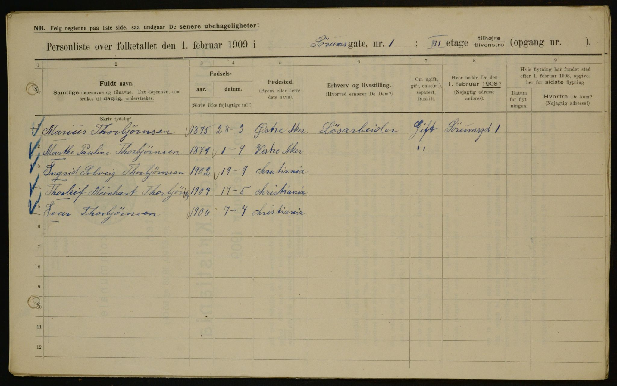 OBA, Kommunal folketelling 1.2.1909 for Kristiania kjøpstad, 1909, s. 96842