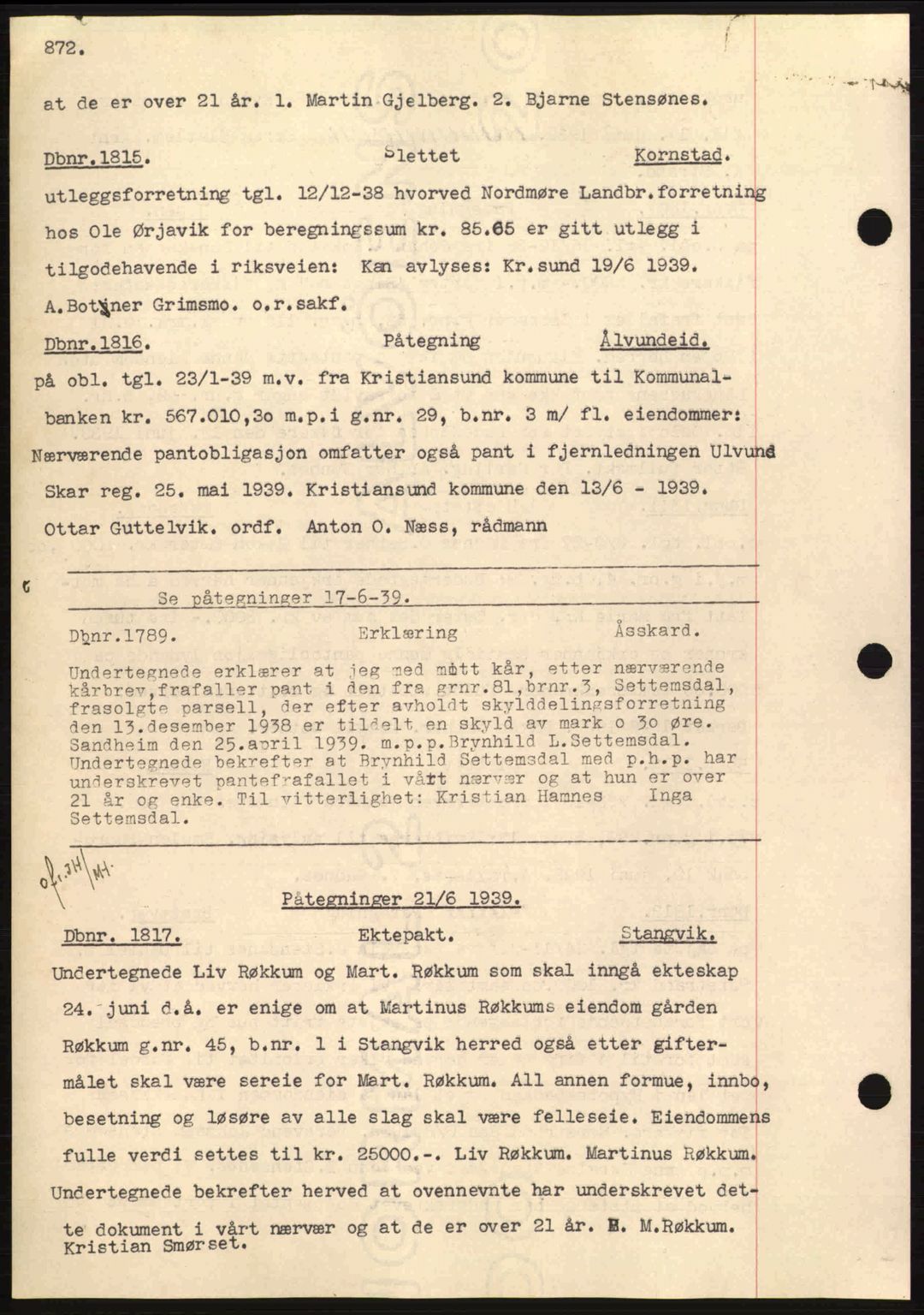 Nordmøre sorenskriveri, SAT/A-4132/1/2/2Ca: Pantebok nr. C80, 1936-1939, Dagboknr: 1815/1939