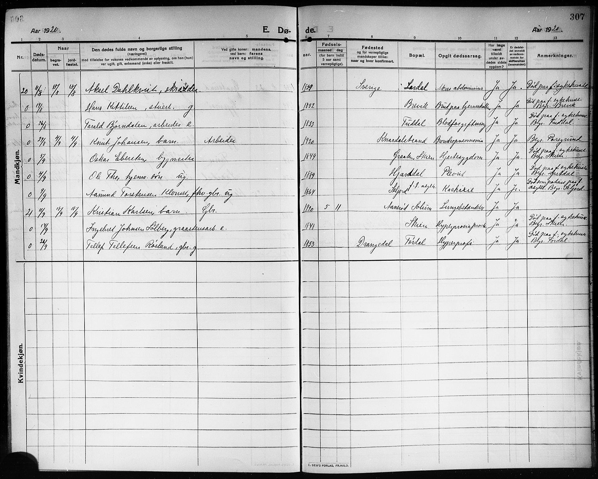 Solum kirkebøker, AV/SAKO-A-306/G/Ga/L0009: Klokkerbok nr. I 9, 1909-1922, s. 307